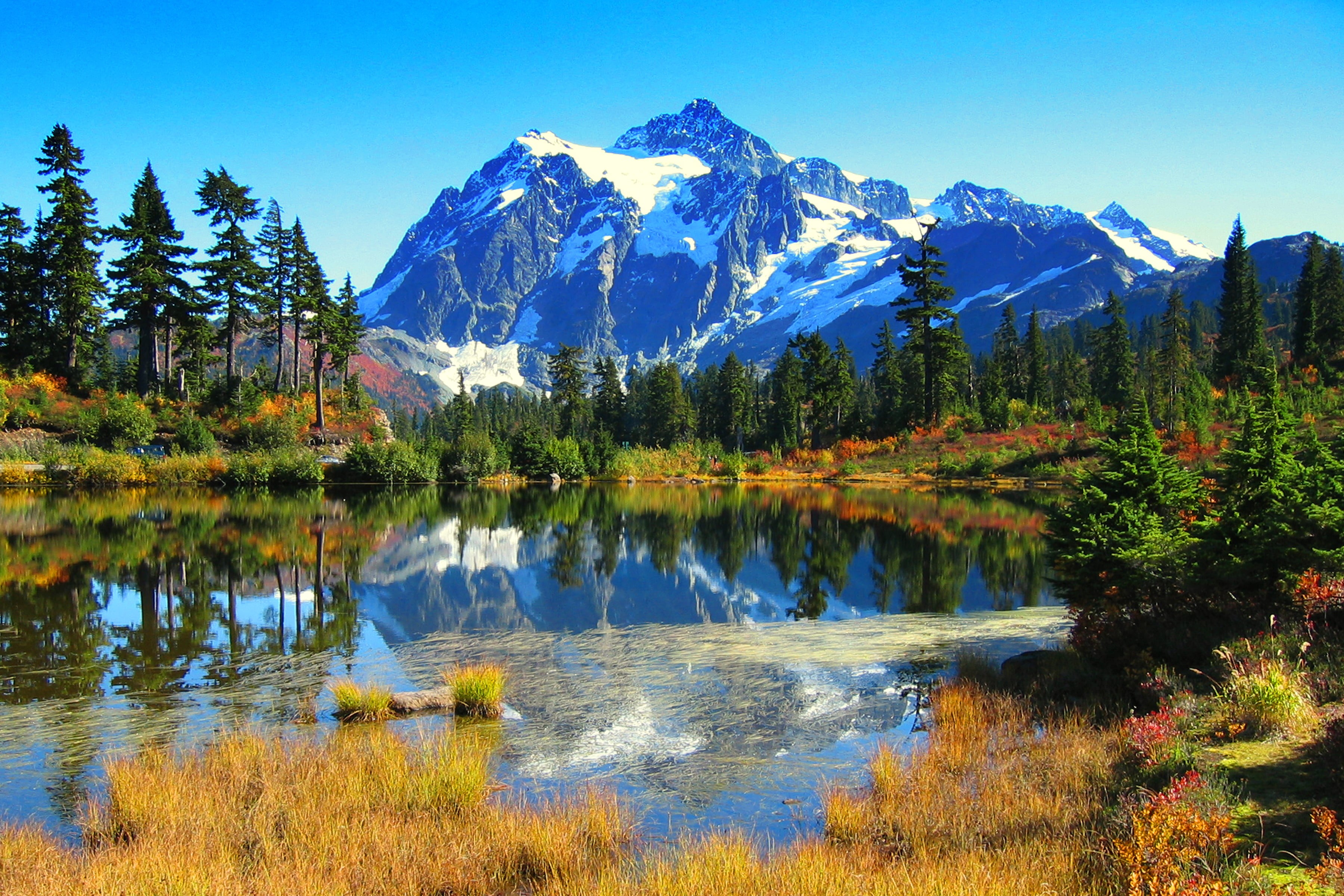 sky, forest  lake, scenics, mountain Peak, magic, wa, natural park, landscape, USA, water, modification, 2K, crop, summer, travel, lake, blue, autumn  mountain, HD Wallpaper