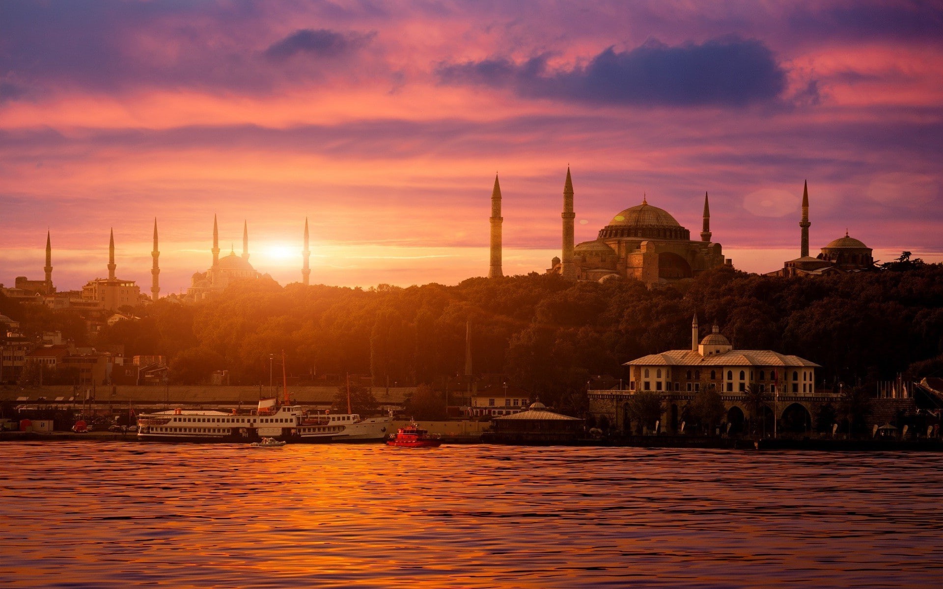 1080P, city cityscape istanbul turkey sultan ahmed mosque hagia sophia sea bosphorus sunset ship architecture islamic architecture, HD Wallpaper