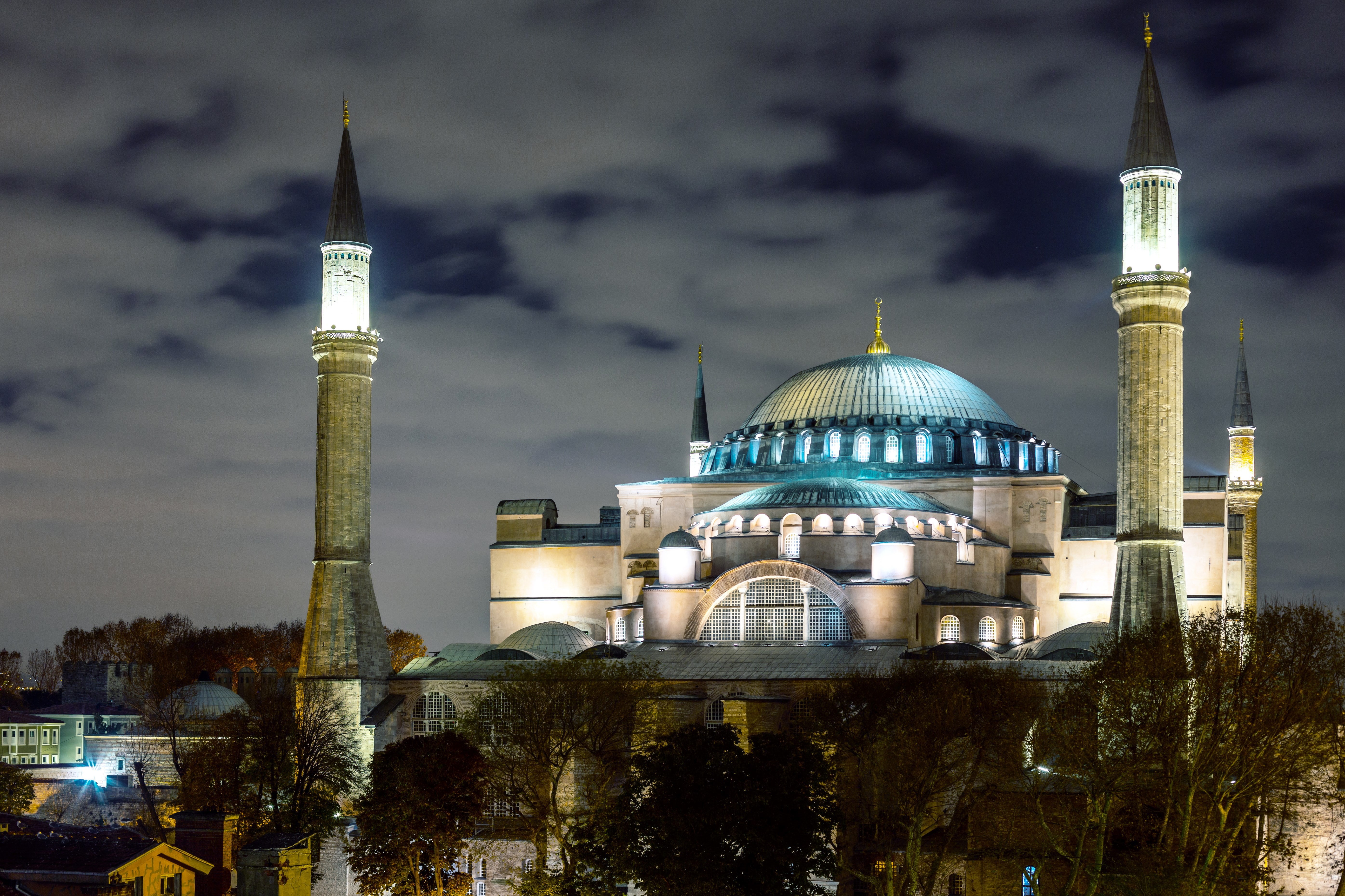 place of worship, spirituality, building, religion, illuminated, built structure, nature, belief, architecture, hagia sophia, 5K, spire, travel, no people, HD Wallpaper