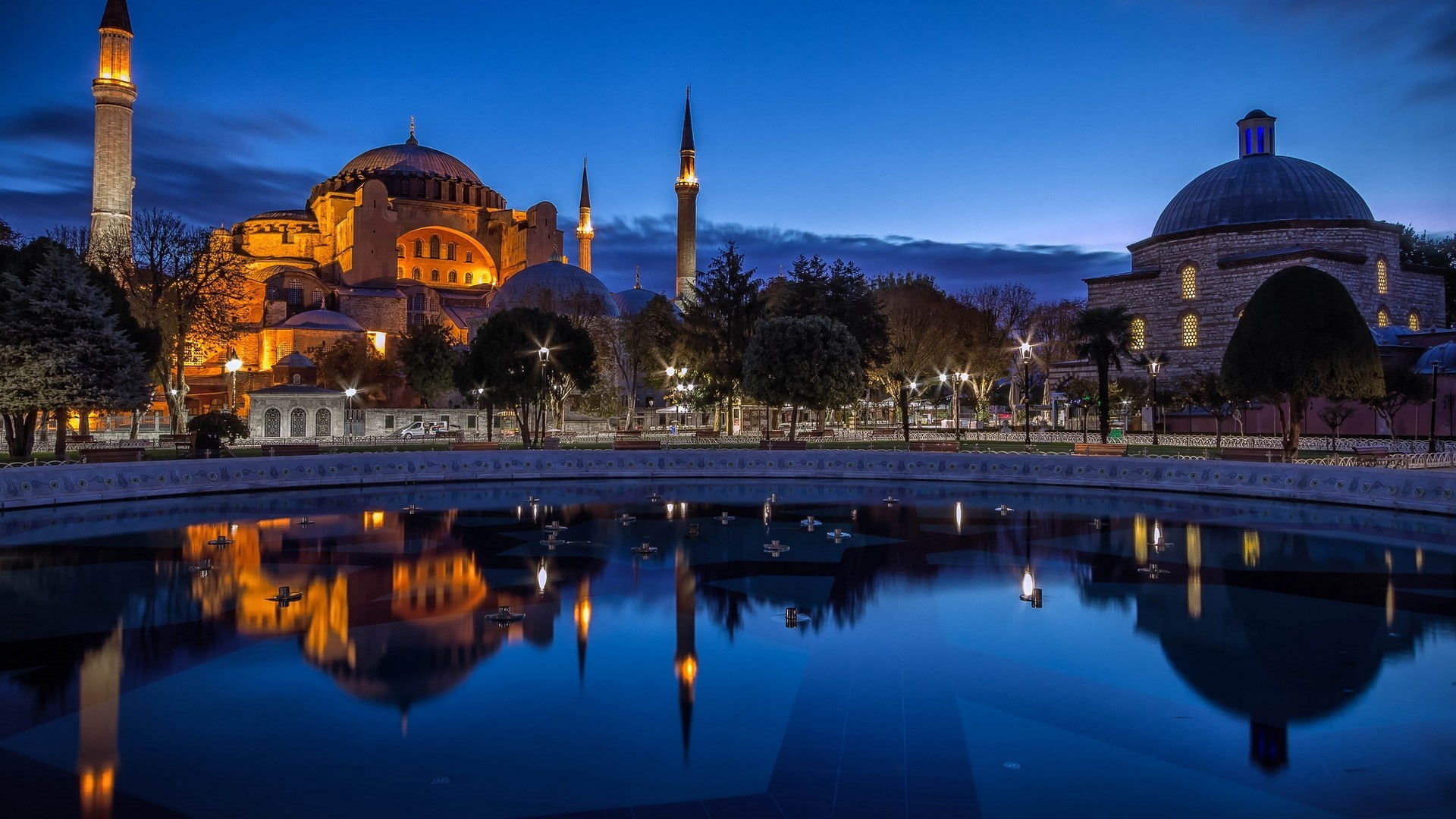 water, dome, building, no people, travel, illuminated, belief, dusk, place of worship, Hagia Sophia, reflection, travel destinations, sky, 1080P, built structure, HD Wallpaper