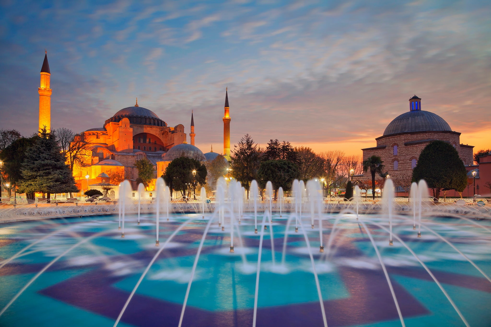 Aza-Sofia, Istanbul, Turkey, Hagia Sophia, 1080P, the minaret, the evening, fountain, HD Wallpaper