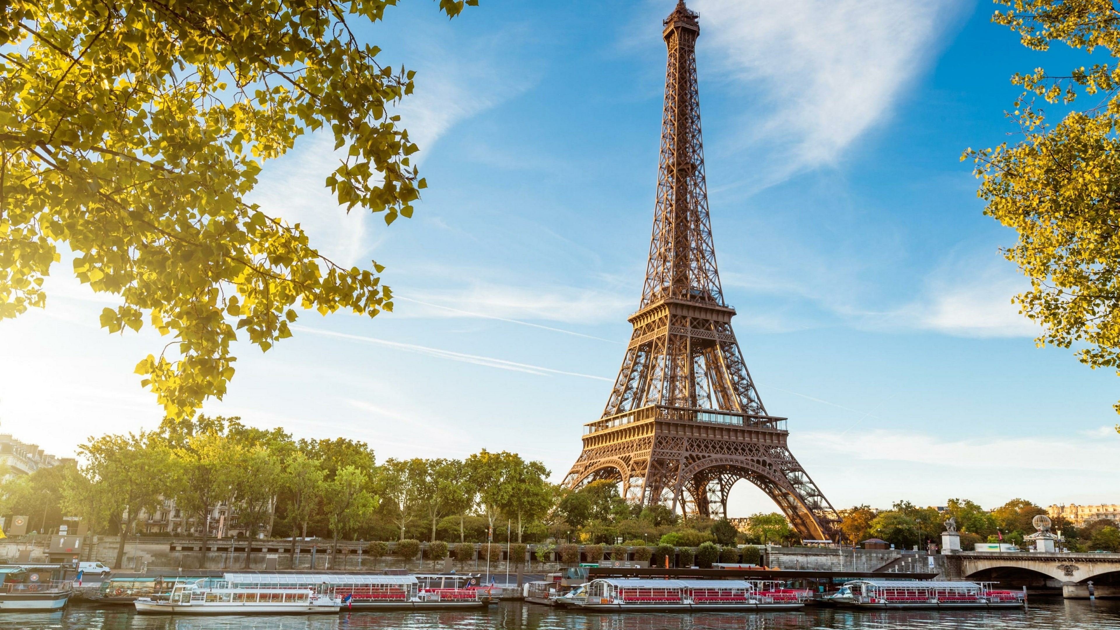 landmark, monument, paris, france, 4K, tower, tree, sky, eiffel tower, national historic landmark, daytime, blue sky, seine river, tourist attraction, HD Wallpaper