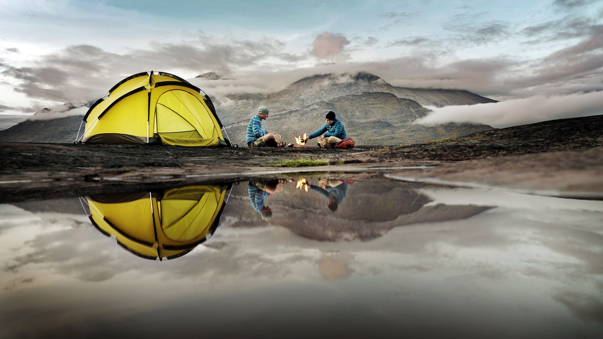 tent, outdoor, reflection, 1080P, nature, camping, black, hd, camp, yellow, HD Wallpaper
