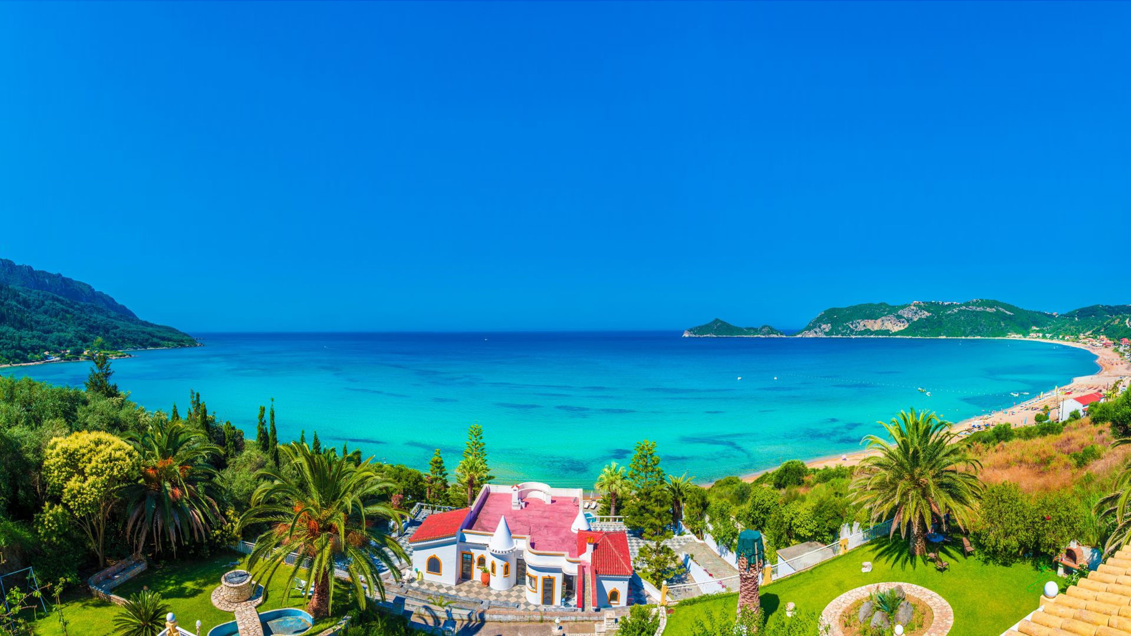 nature, built structure, travel destinations, blue, corfu, ionian, beaches, ultra, no people, hd, bay, 4K, island, beach, copy space, outdoors, palm tree, HD Wallpaper
