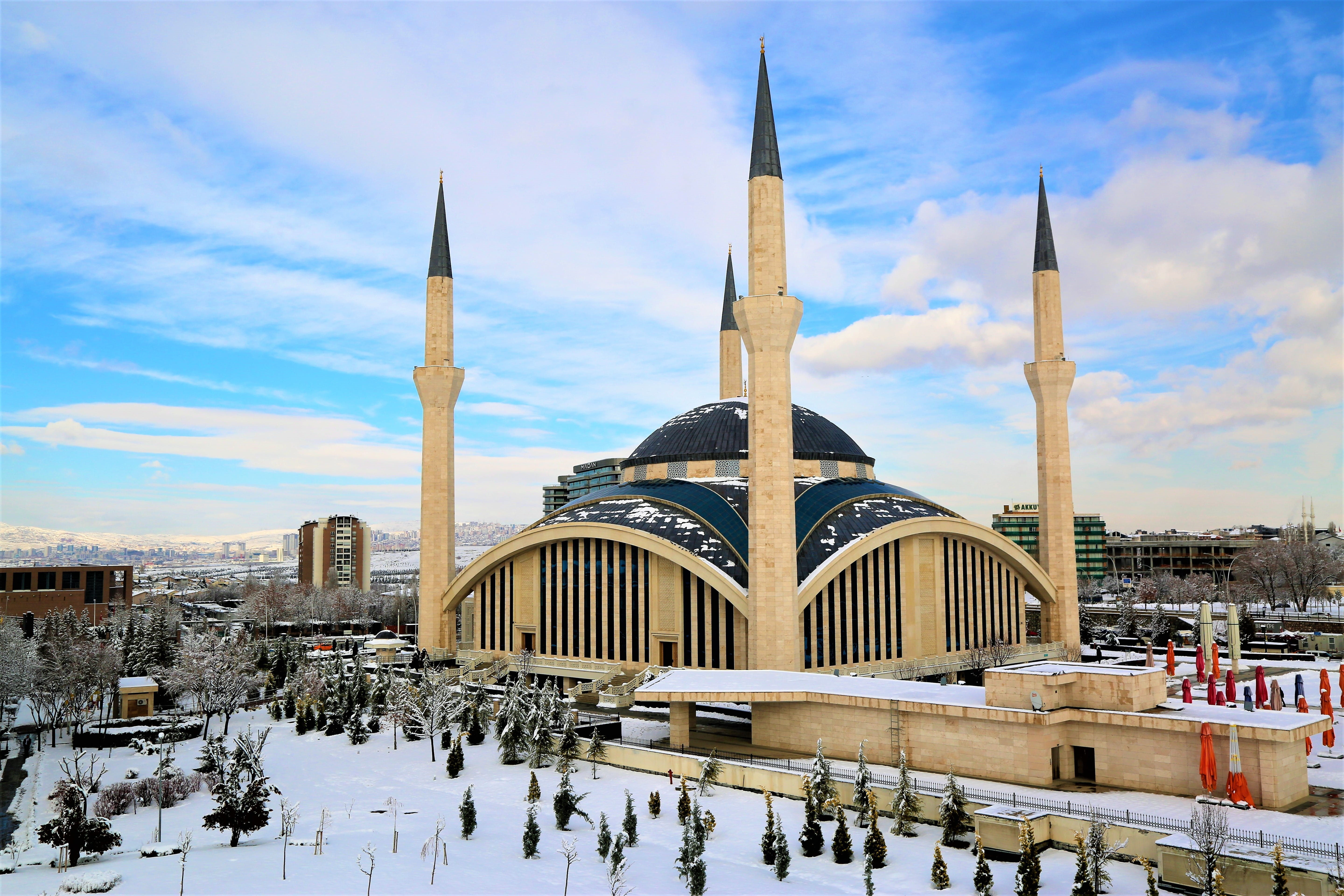 built structure, building, turkey, islam, spire, outdoors, day, belief, architectural column, snow, cloud - sky, architecture, winter, travel destinations, HD Wallpaper