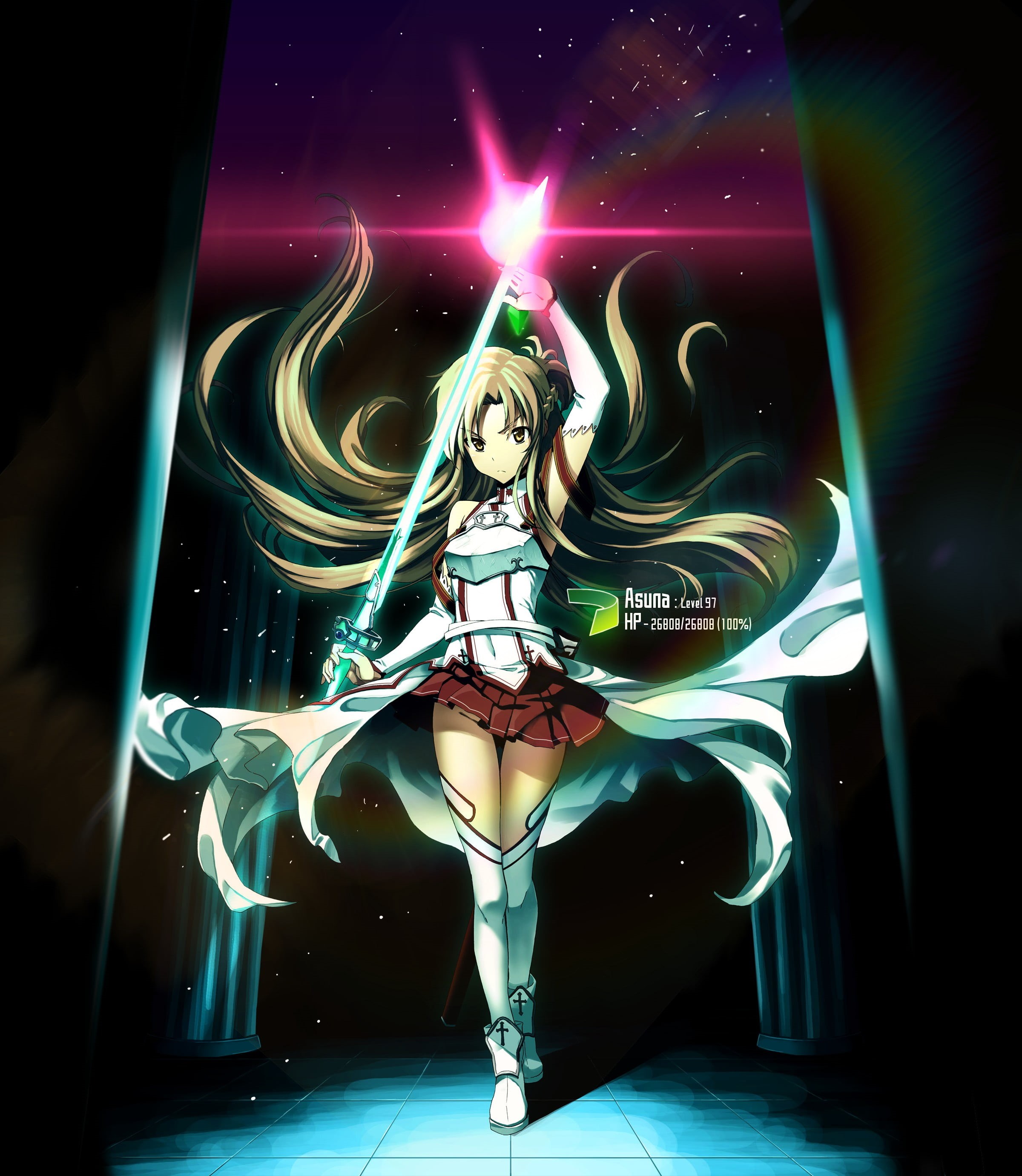 art, multi colored, dancing, 2K, night, full length, women, illuminated, anime girls, Sword Art Online, anime, beauty, sword, one person, adult, laser, Phone HD Wallpaper