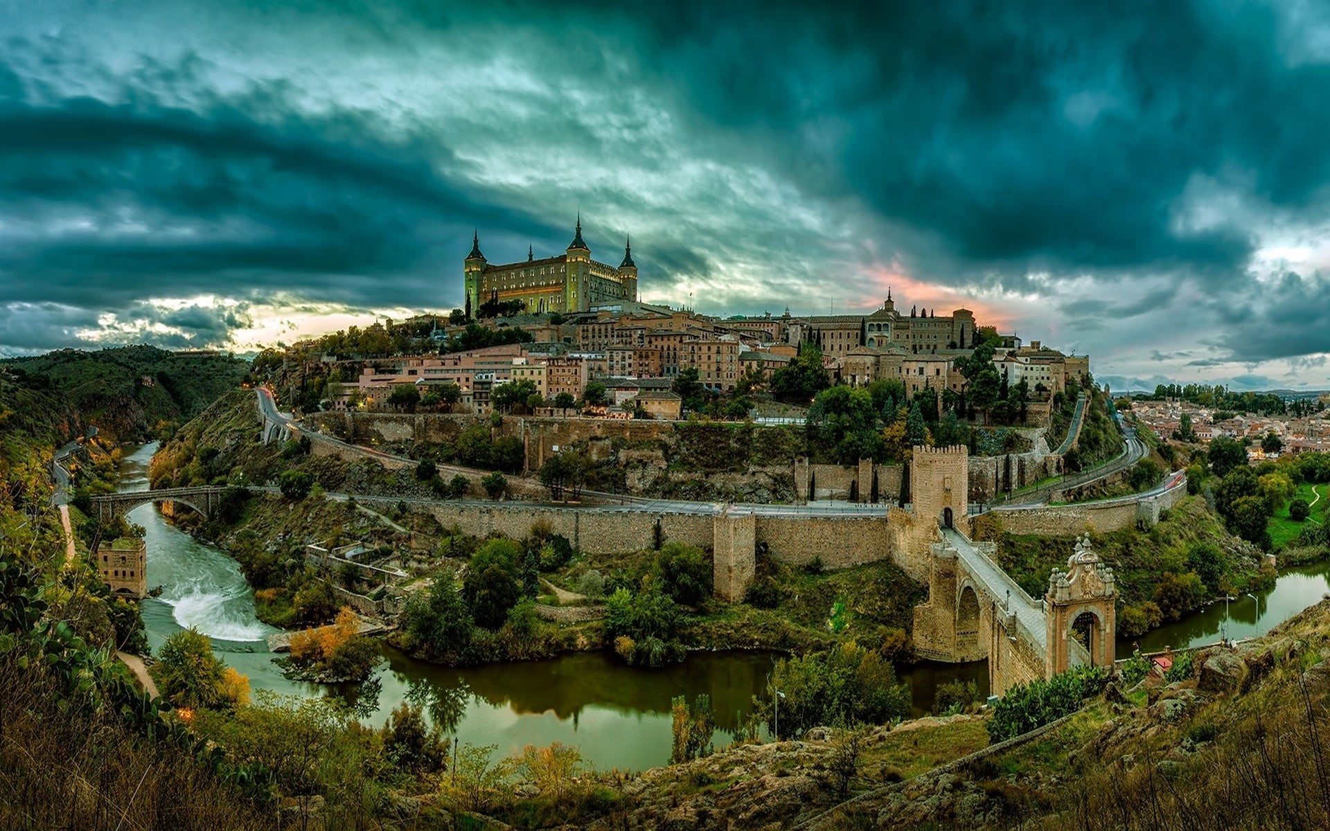 no people, plant, bridge, overcast, tree, city, brown, storm, building, nature, Spain, storm cloud, outdoors, sunset, travel destinations, water, clouds, HD Wallpaper