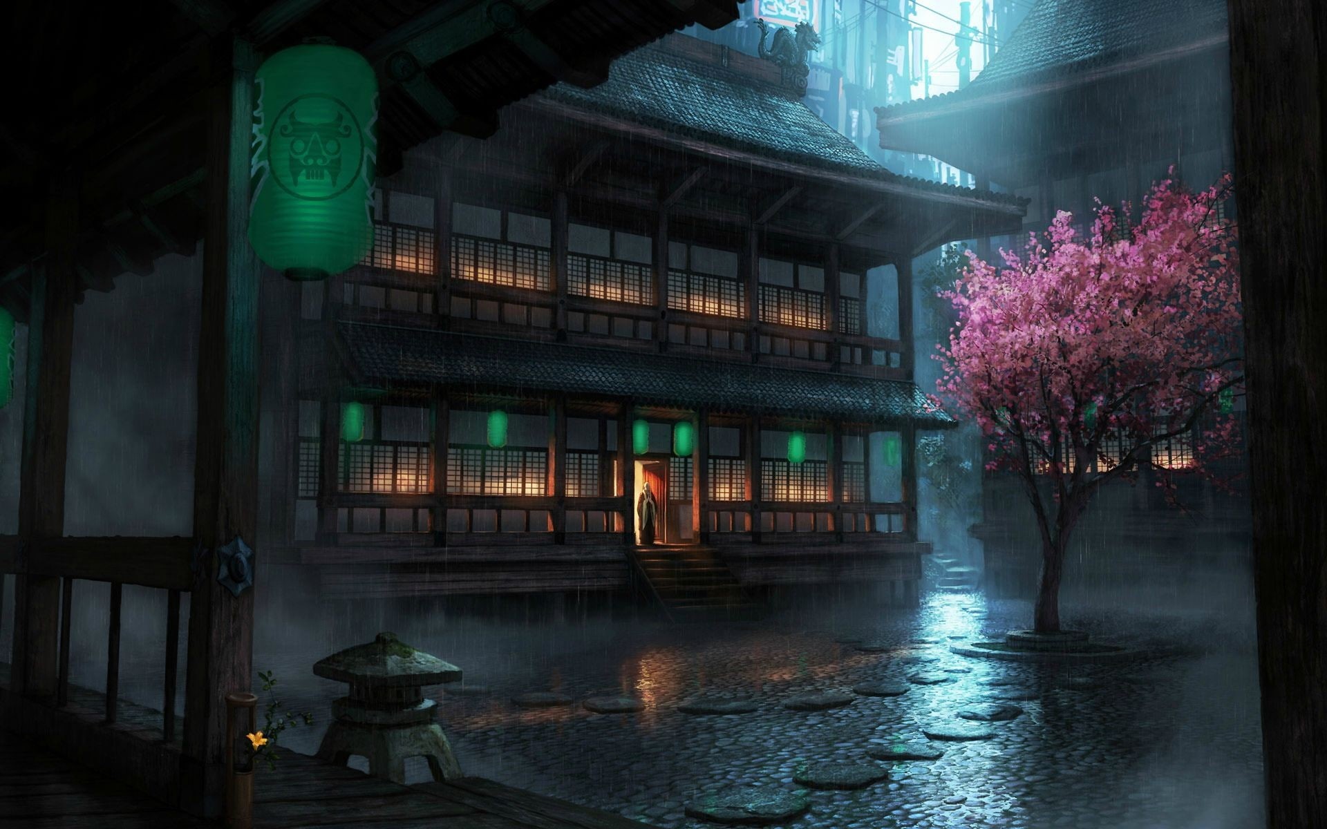 Chinese architecture, artwork, lantern, Chinese, cherry blossom, dark, The Secret World, fantasy art, night, 1080P, HD Wallpaper
