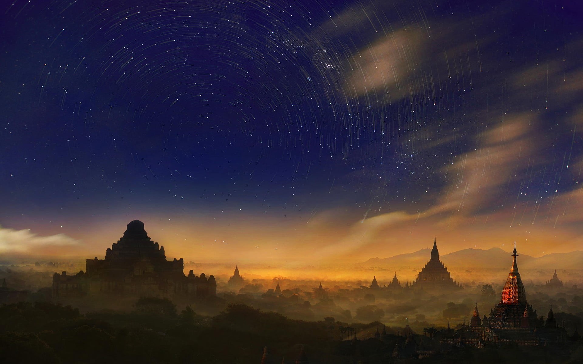 built structure, belief, shrine, religion, towers, outdoors, scenics - nature, star - space, Weerapong Chaipuck, blue, golden, architecture, Myanmar, silhouette, HD Wallpaper