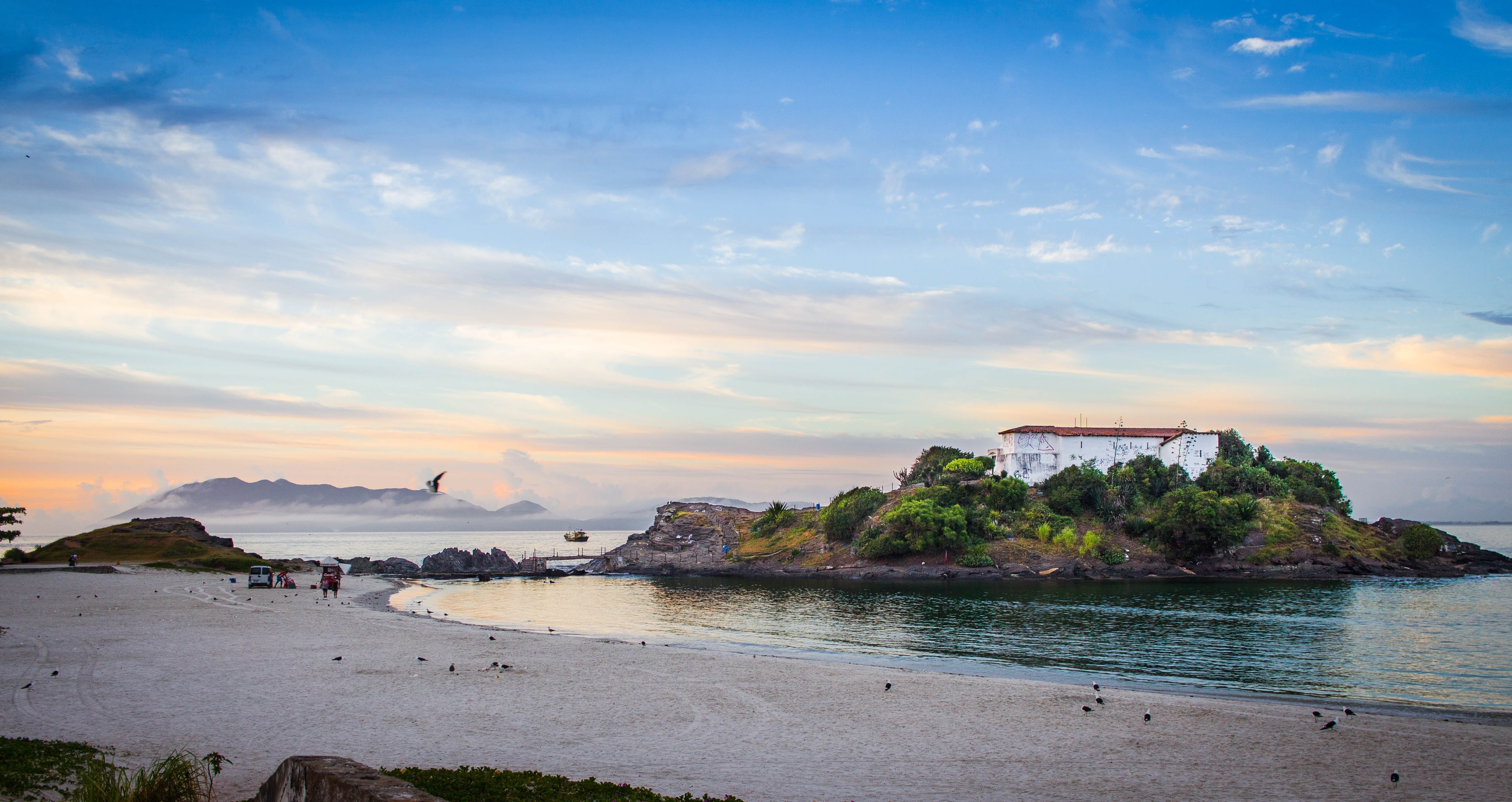 nature, bay, Cabo Frio, scenics - nature, 5K, outdoors, rock, sunset, Strong, cloud - sky, no people, building exterior, cabo, forte são mateus, Beach, HD Wallpaper