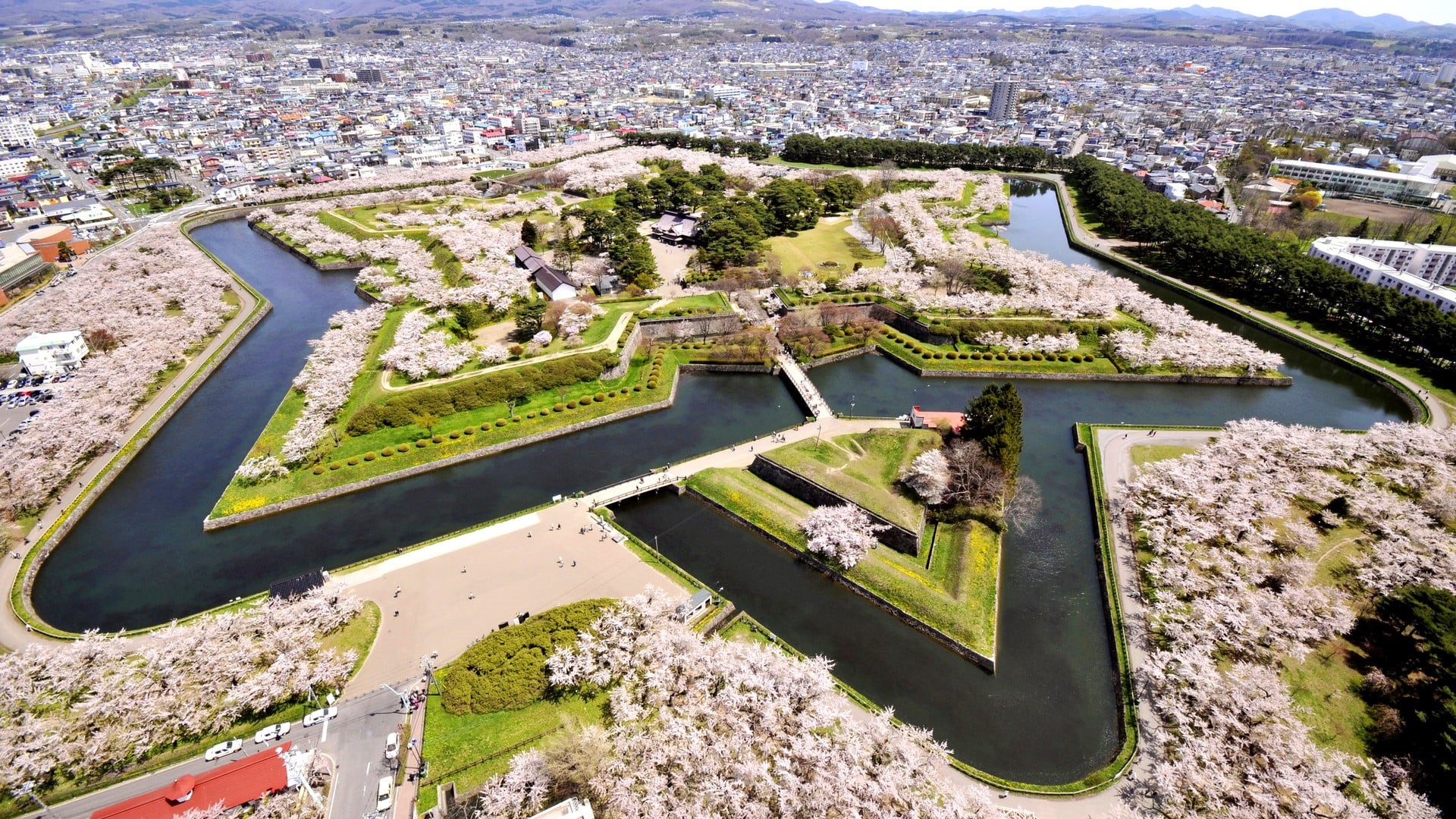no people, transportation, building exterior, built structure, black, cityscape, bridge, Hokkaido Prefecture, Japan, Goryokaku, high angle view, bridge - man made structure, HD Wallpaper