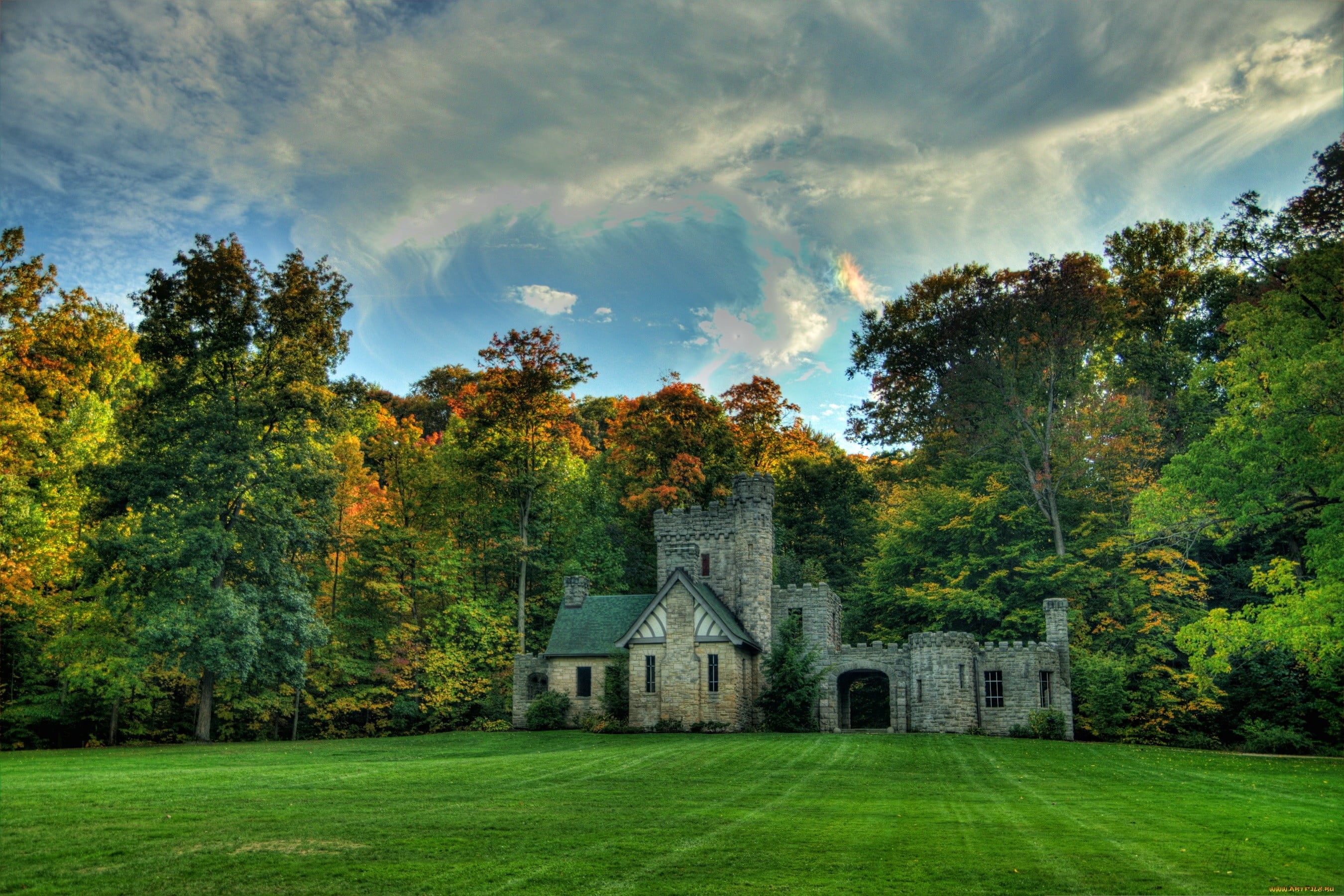 built structure, gray, land, day, nature, stone, castle, field, beauty in nature, house, cloud - sky, green color, growth, sky, tree, fort, grass, autumn, HD Wallpaper