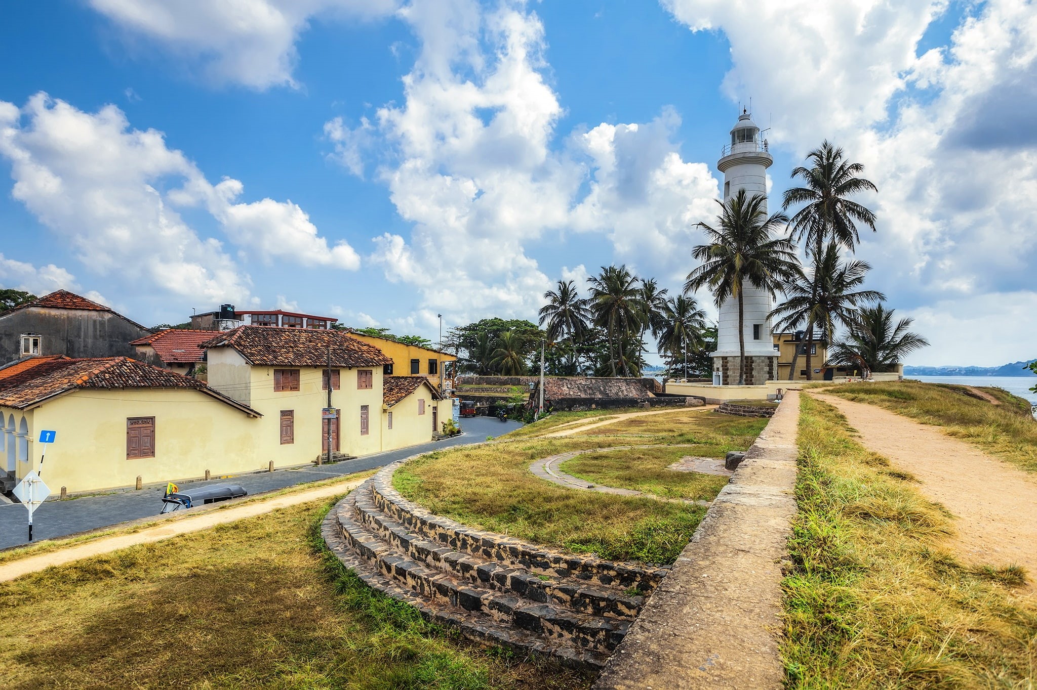 Sri Lanka, tropics, lighthouse, palm trees, 1080P, Galle fort, the sky, the sun, clouds, HD Wallpaper