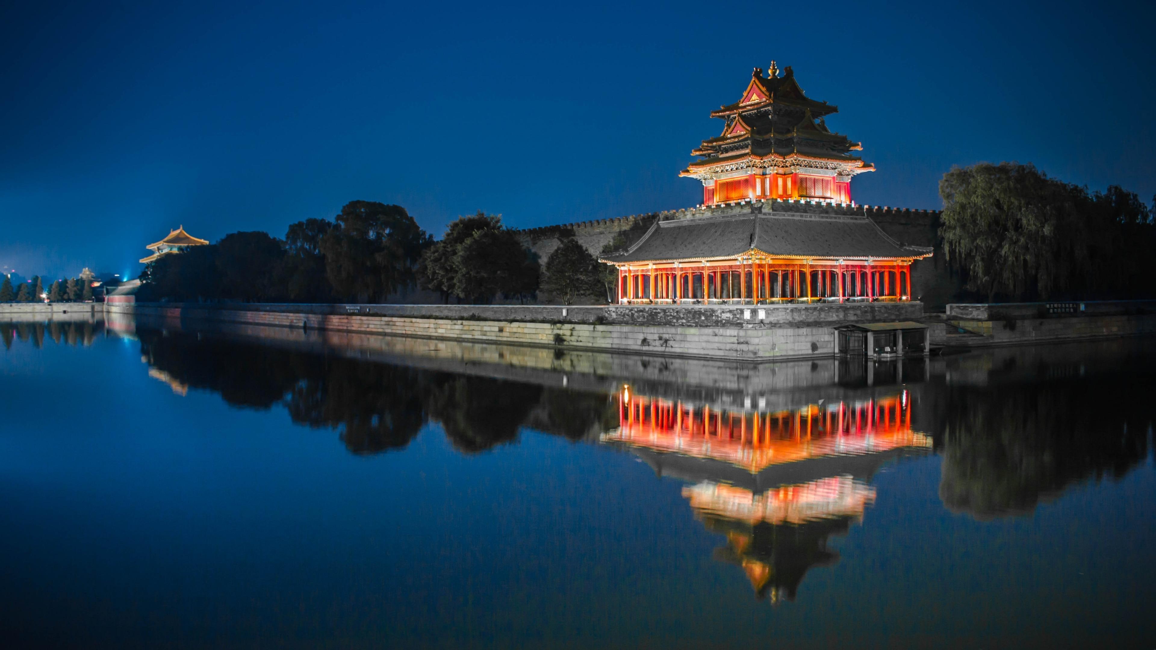 buildings, china, beijing, museum, dongcheng, darkness, castle, asia, historical, palace, reflection, history, palace museum, night, 4K, HD Wallpaper