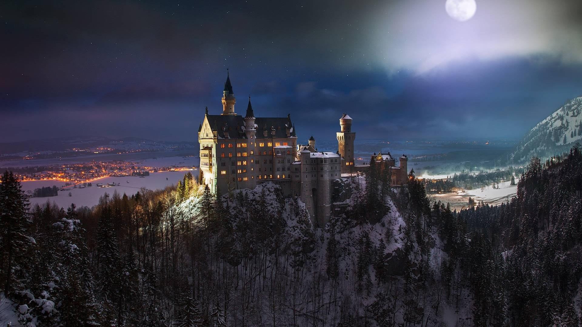 white, black, skyscraper, Moon, space, castle, city, snow, plant, painting, landscape, illuminated, 1080P, sky, building, forest, scenics - nature, cloud - sky, HD Wallpaper