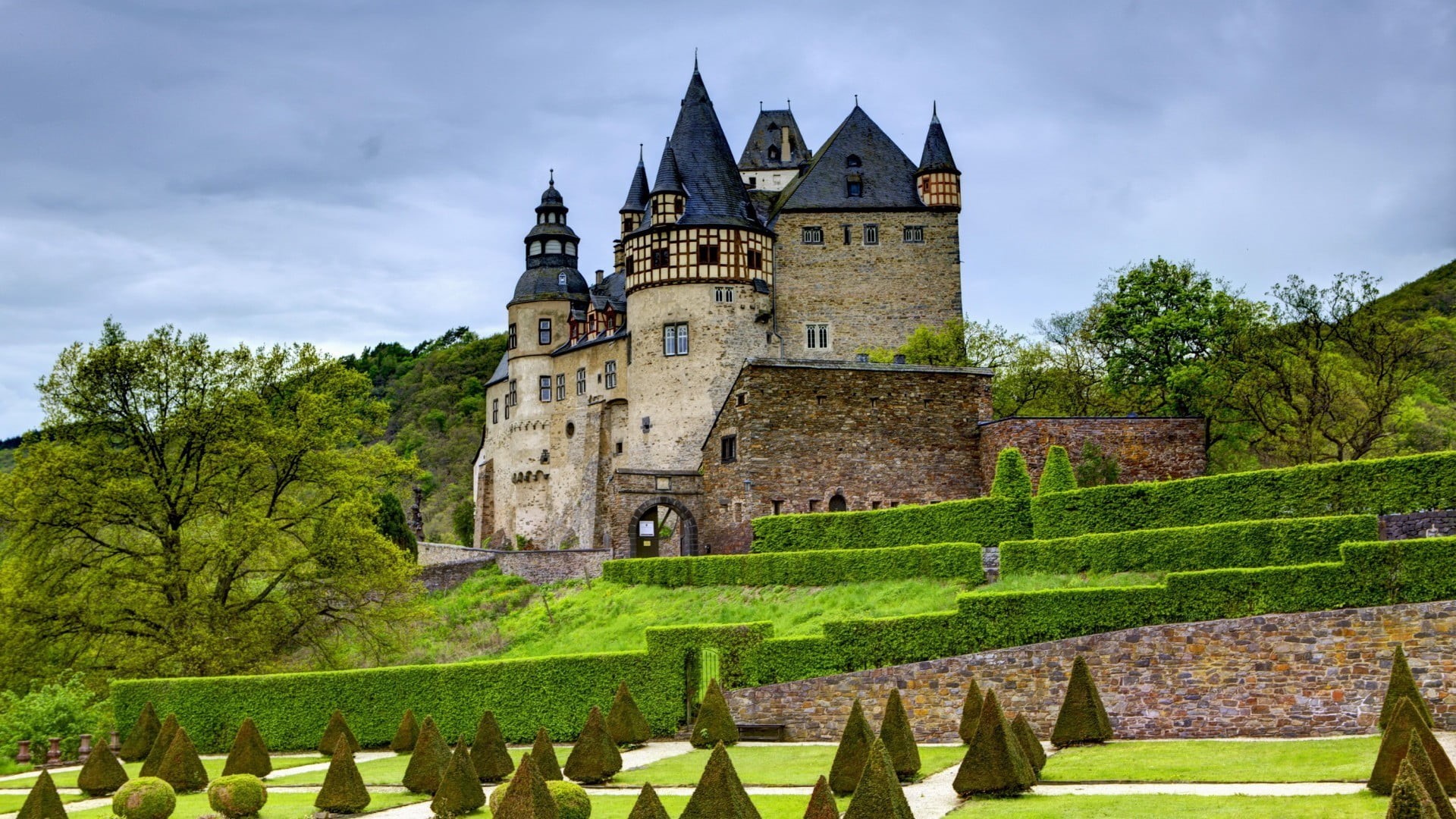concrete, nature, 1080P, Germany, building exterior, castle, garden, architecture, stones, sky, gray, cloud - sky, built structure, grass, tree, building, HD Wallpaper