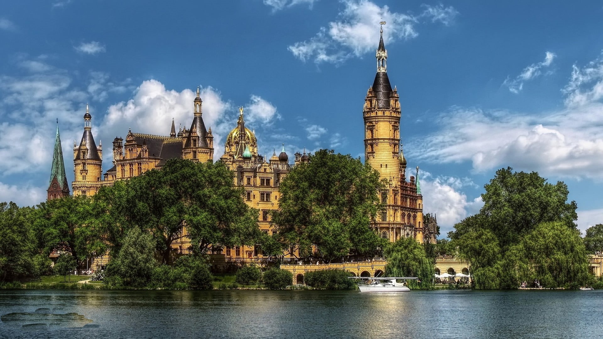 no people, tower, built structure, trees, plant, lake, concrete, clouds, place of worship, cloud - sky, Germany, spire, sky, religion, building, travel, HD Wallpaper