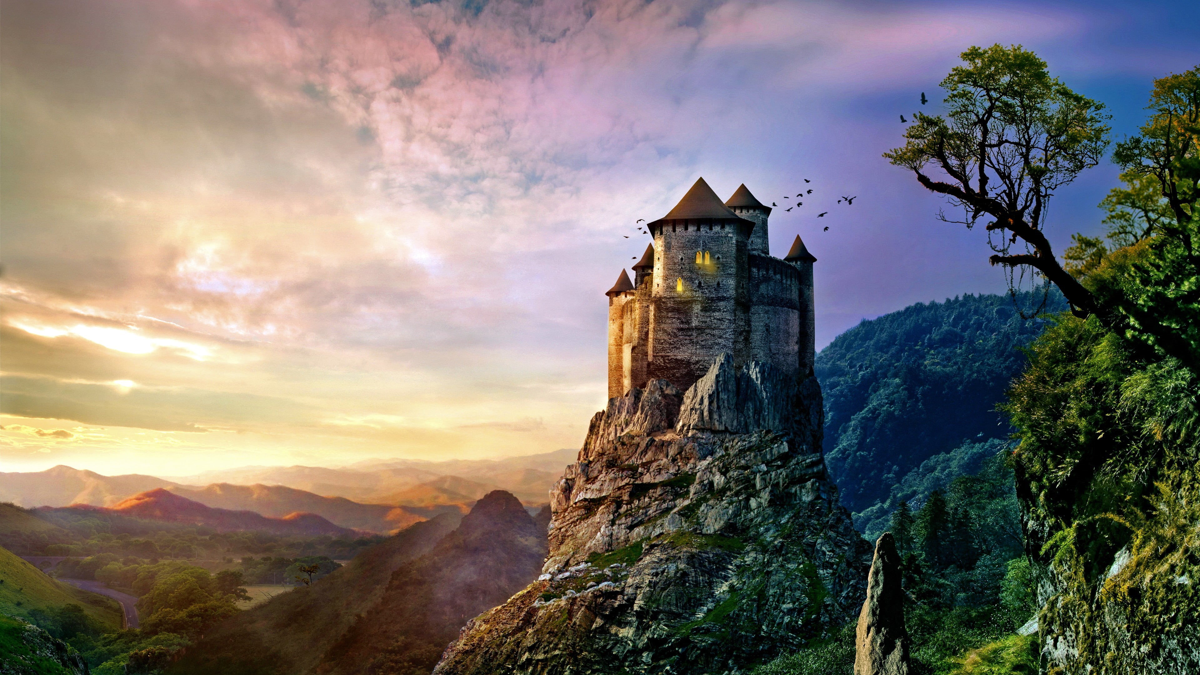 hill, building exterior, sunlight, scenics - nature, history, cloud - sky, rock, built structure, castle, nature, forest, landscape, birds, mountains, outdoors, HD Wallpaper