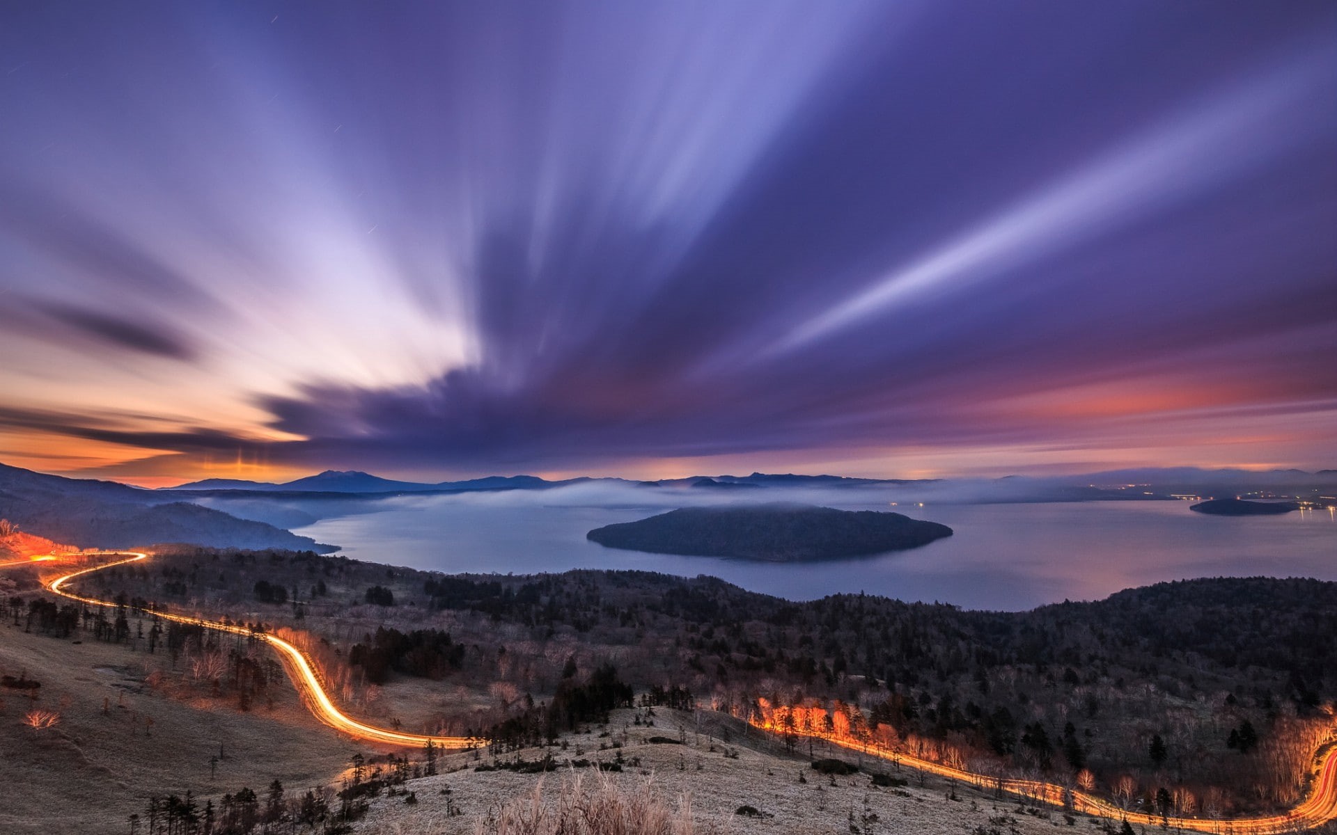 1080P, mist, lake, landscape, clouds, long exposure, mountains, hills, sunset, island, light trails, trees, road, nature, forest, water, HD Wallpaper