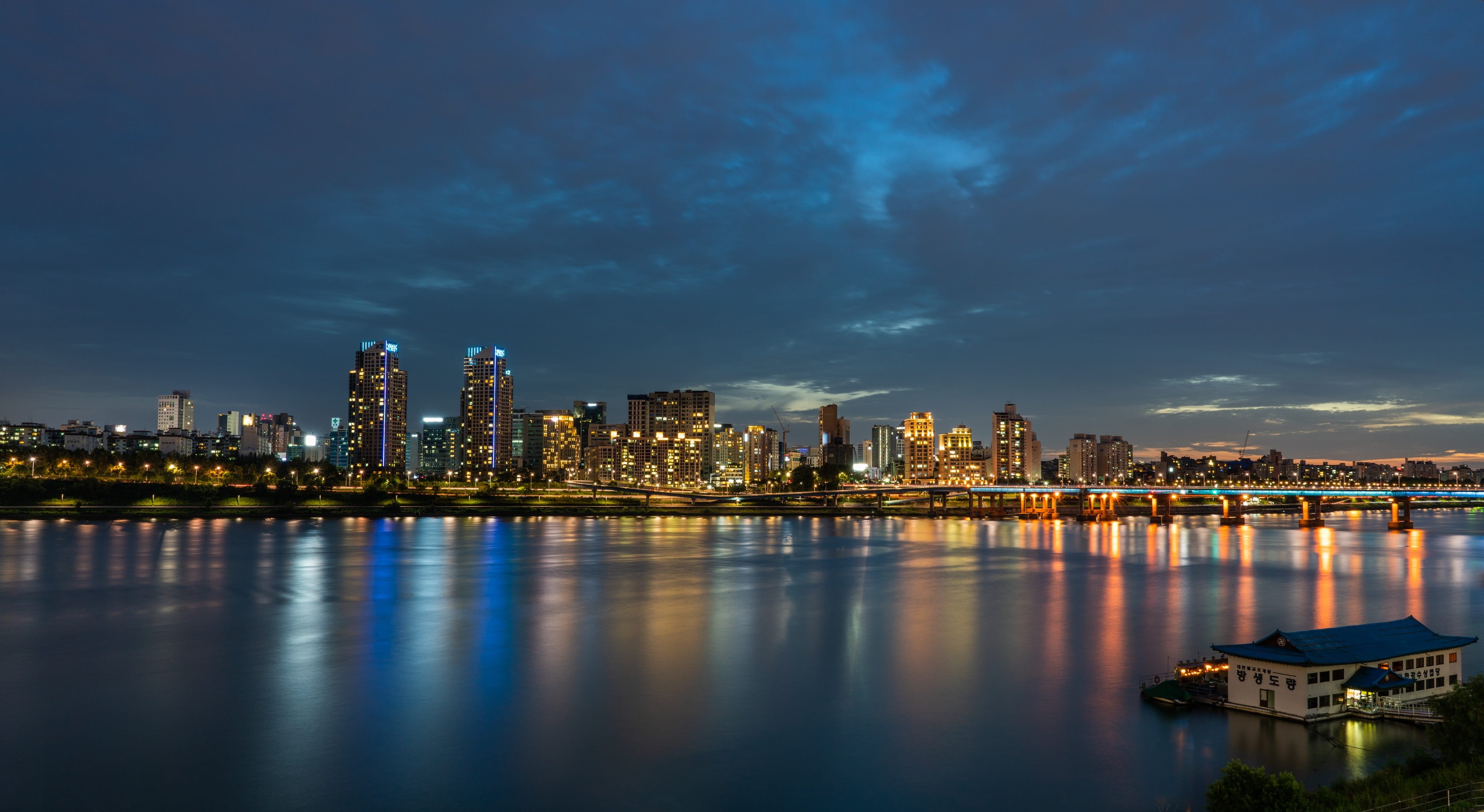 light, mirroring, night, korea, horizon, residential district, cityscape, mood, tall - high, building exterior, seoul, cloudy, atmosphere, nature, water, HD Wallpaper
