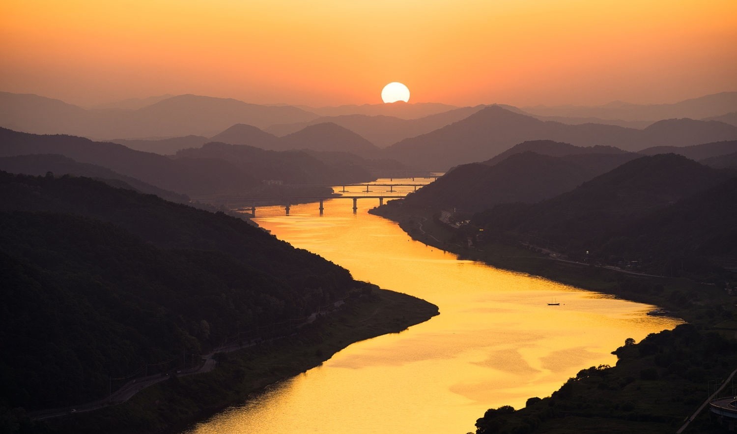 bridge, mountains, photography, mist, river, gold, sunset, South Korea, nature, 720P, landscape, sky, pink, HD Wallpaper