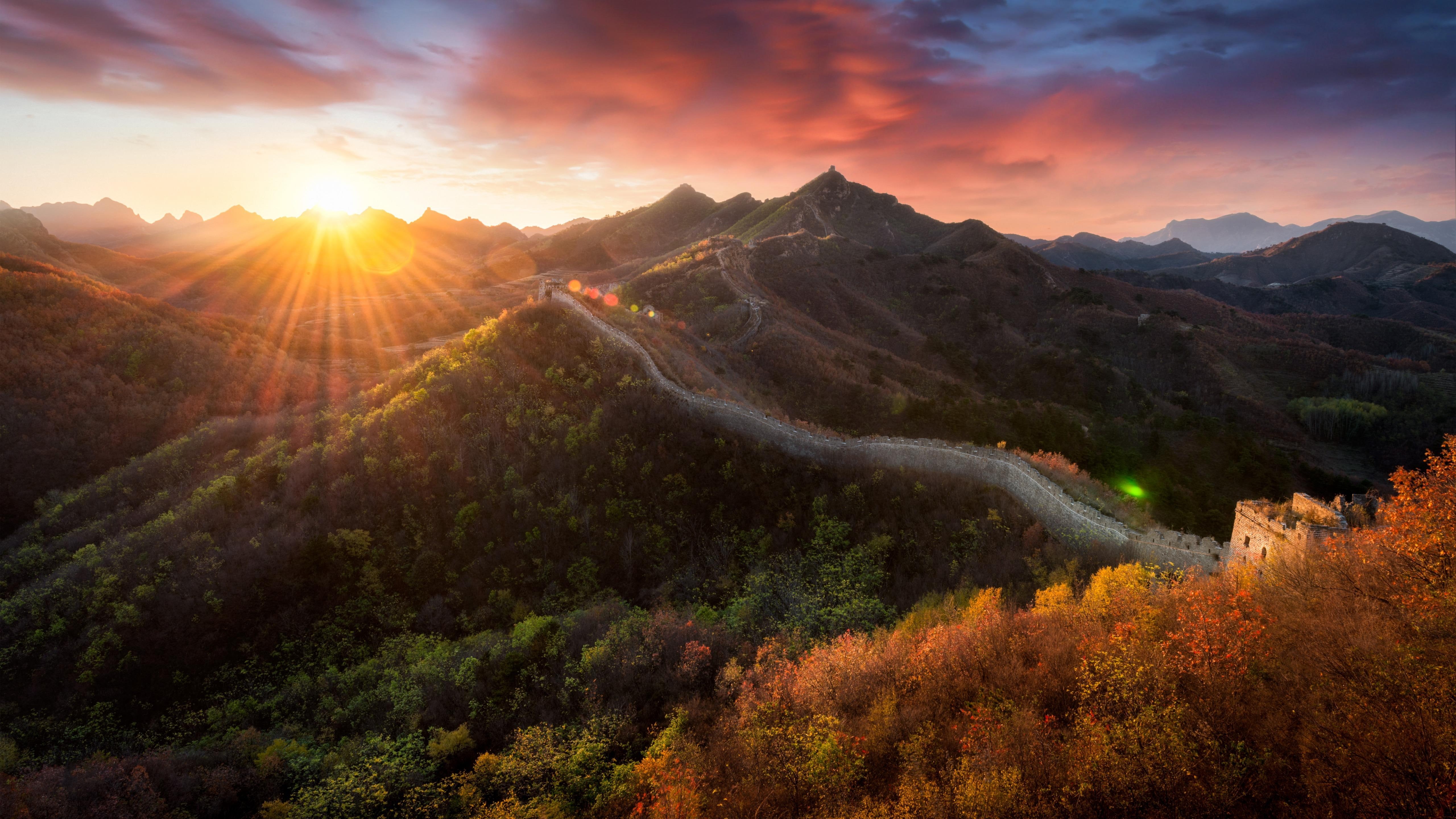 sun, china, great wall, landscape, cloud, pink clouds, huanghuacheng great wall, huairou, 5K, sky, autumn, sunbeam, asia, sunset, historical, sun ray, HD Wallpaper