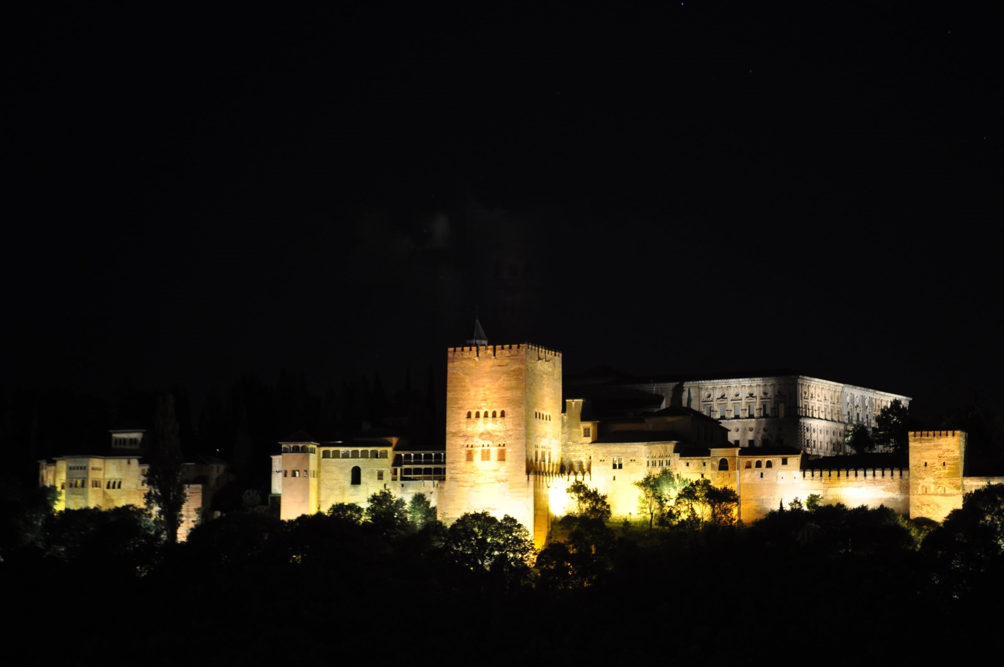 history, granada, fortress, plant, copy space, alhambra, andalusia, nature, no people, outdoors, wall, culture, illuminated, historical, tree, andalucia, HD Wallpaper