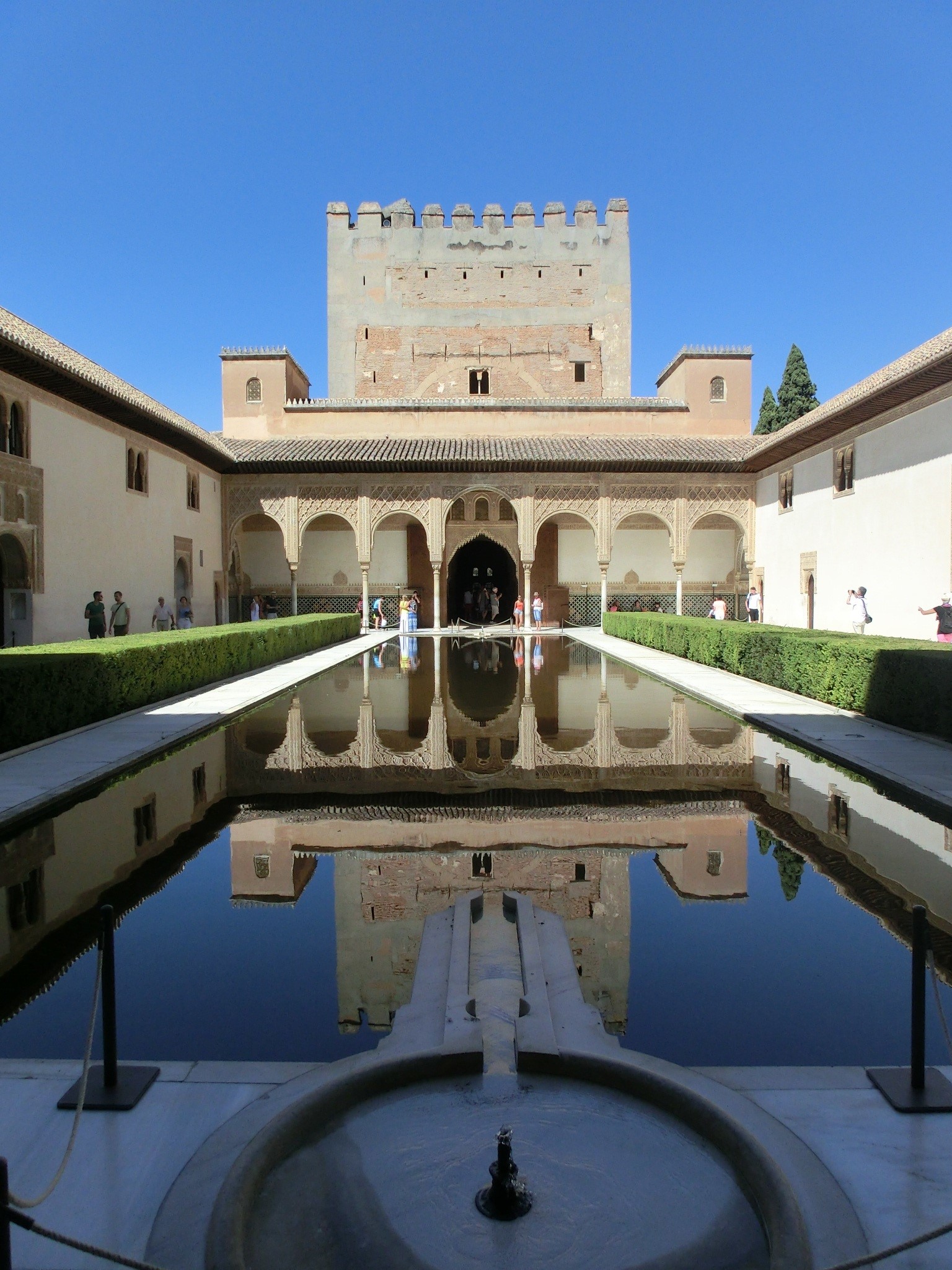 nature, sky, arch, granada, fortress, spain, tourism, mirroring, architecture, nasridenpalast, clear sky, religion, water, blue, built structure, reflecting pool, Phone HD Wallpaper
