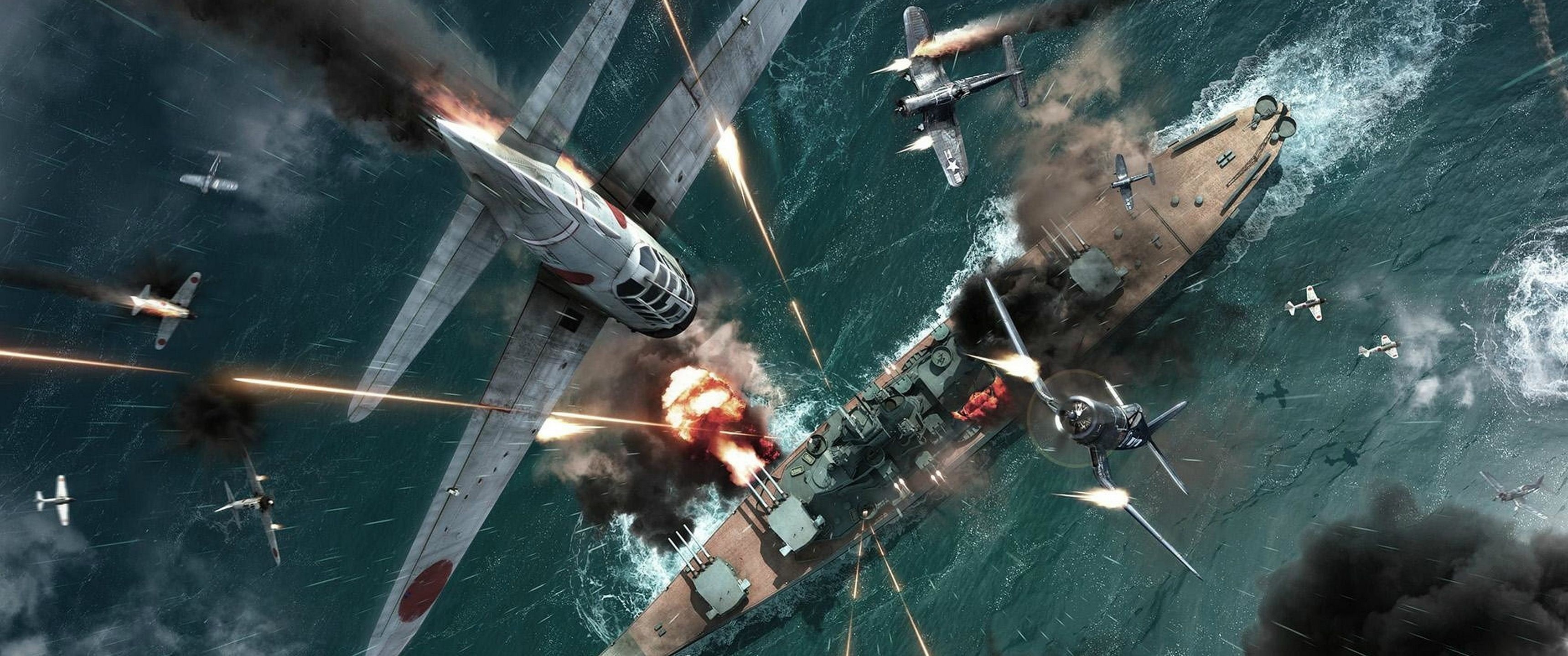 fighter, aircraft, video games, lifestyles, motion, World War II, nature, 2K, teamwork, transportation, Battleship, dogfight, digital art, group of people, HD Wallpaper