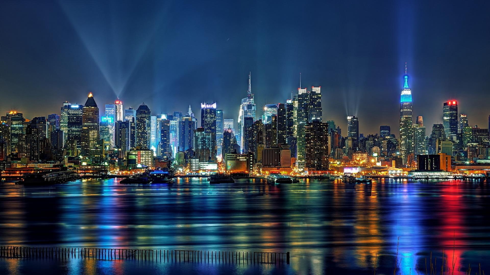 skyscrapers, tower, america, harbor, dusk, lights, river, waterfront, building, travel, sky, cityscape, metropolis, architecture, downtown, office, bridge, HD Wallpaper