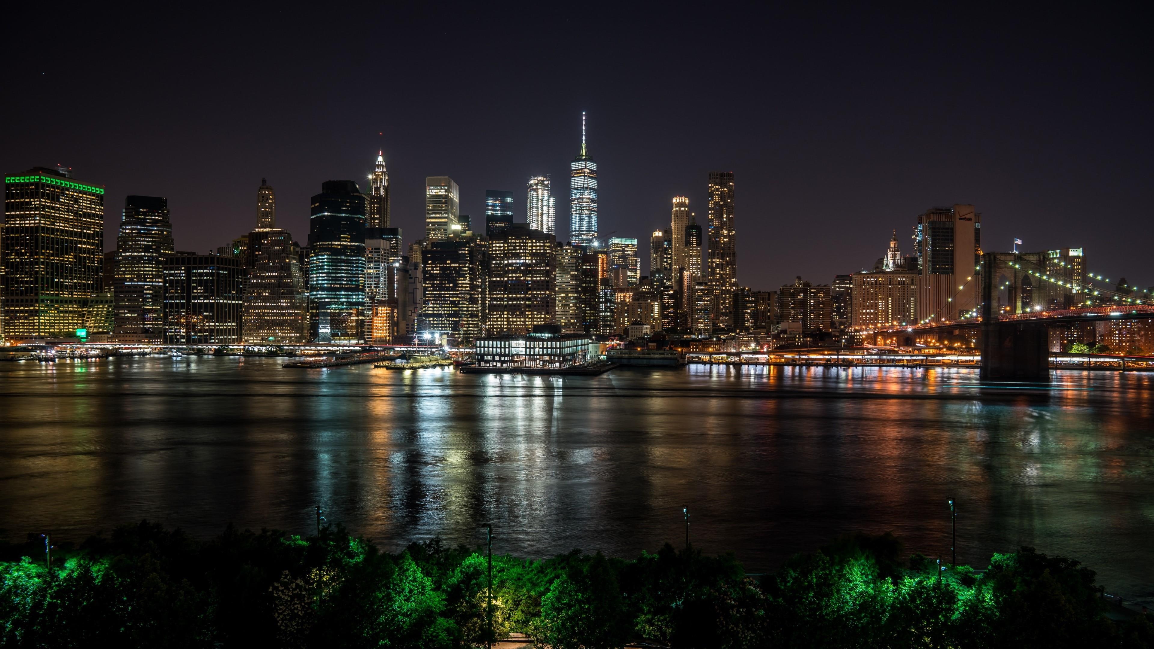 cityscape, new york city, city lights, sky, skyline, water, metropolis, brooklyn bridge, skyscraper, 4K, tower block, night, reflection, city, manhattan, HD Wallpaper