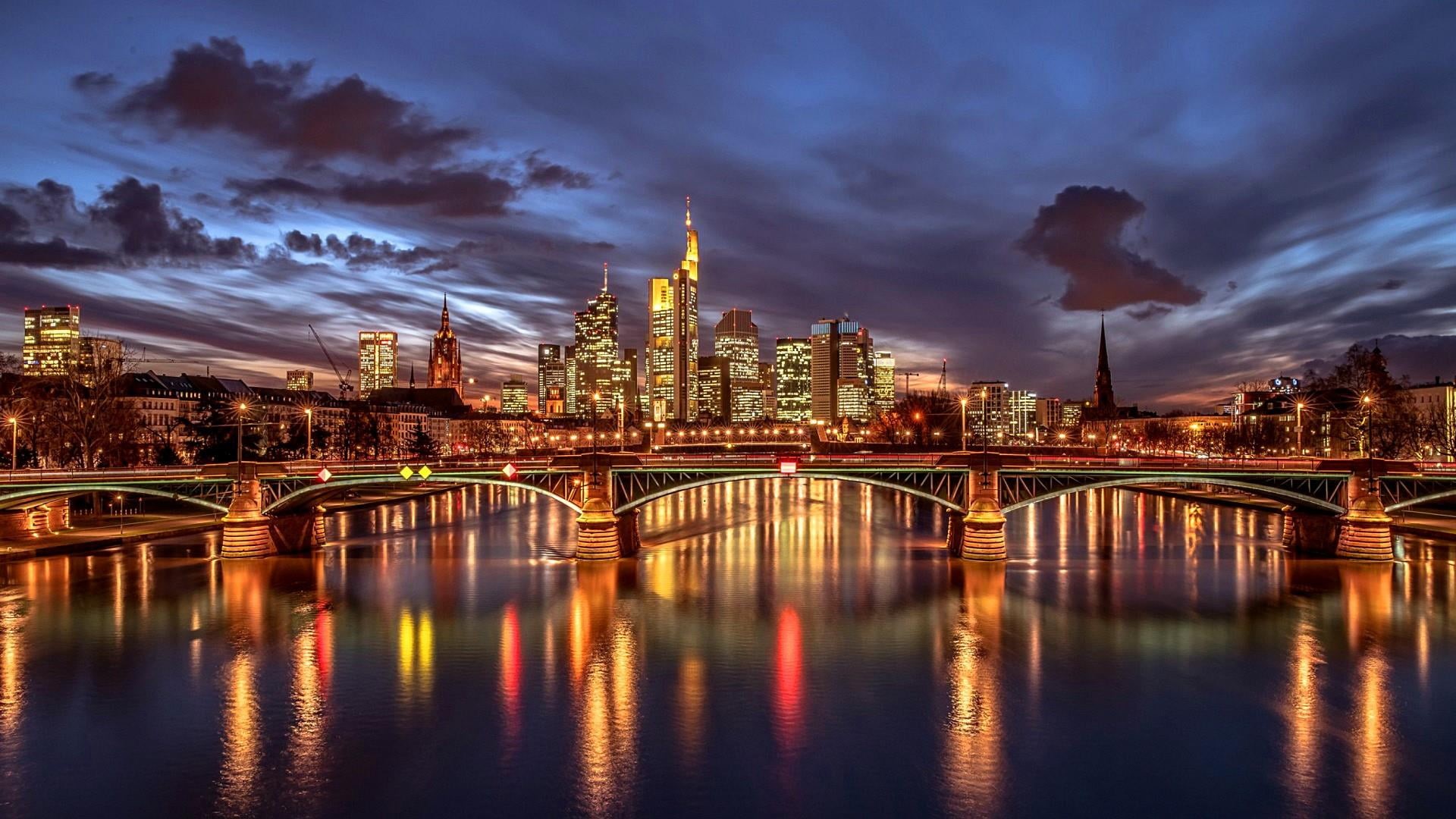 skyscraper, night, reflection, outdoors, frankfurt, metropolis, bridge, 1080P, urban area, river, no people, cityscape, landmark, bridge - man made structure, HD Wallpaper