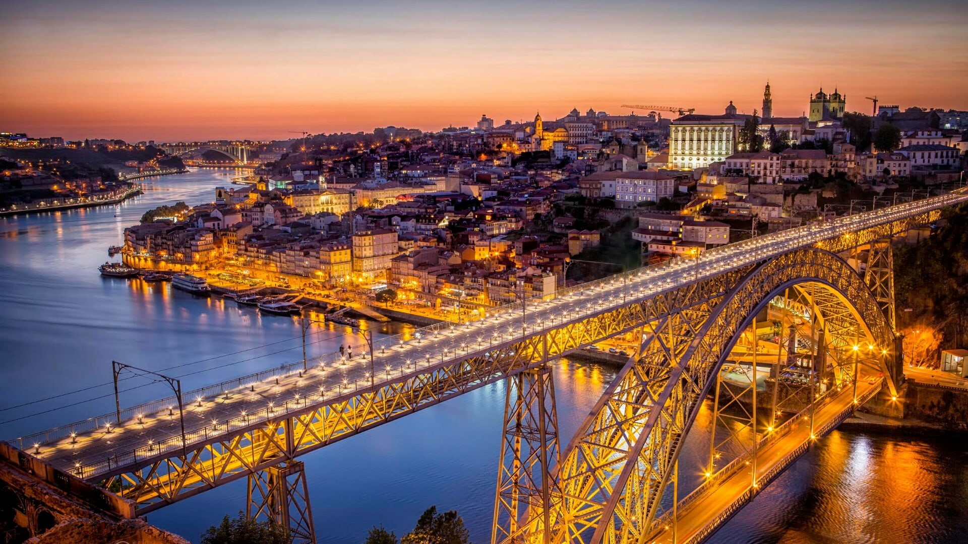 nature, city, transportation, porto, bridge - man made structure, no people, illuminated, bridge, 1080P, skyline, skyscraper, illuminating, water, arch bridge, HD Wallpaper
