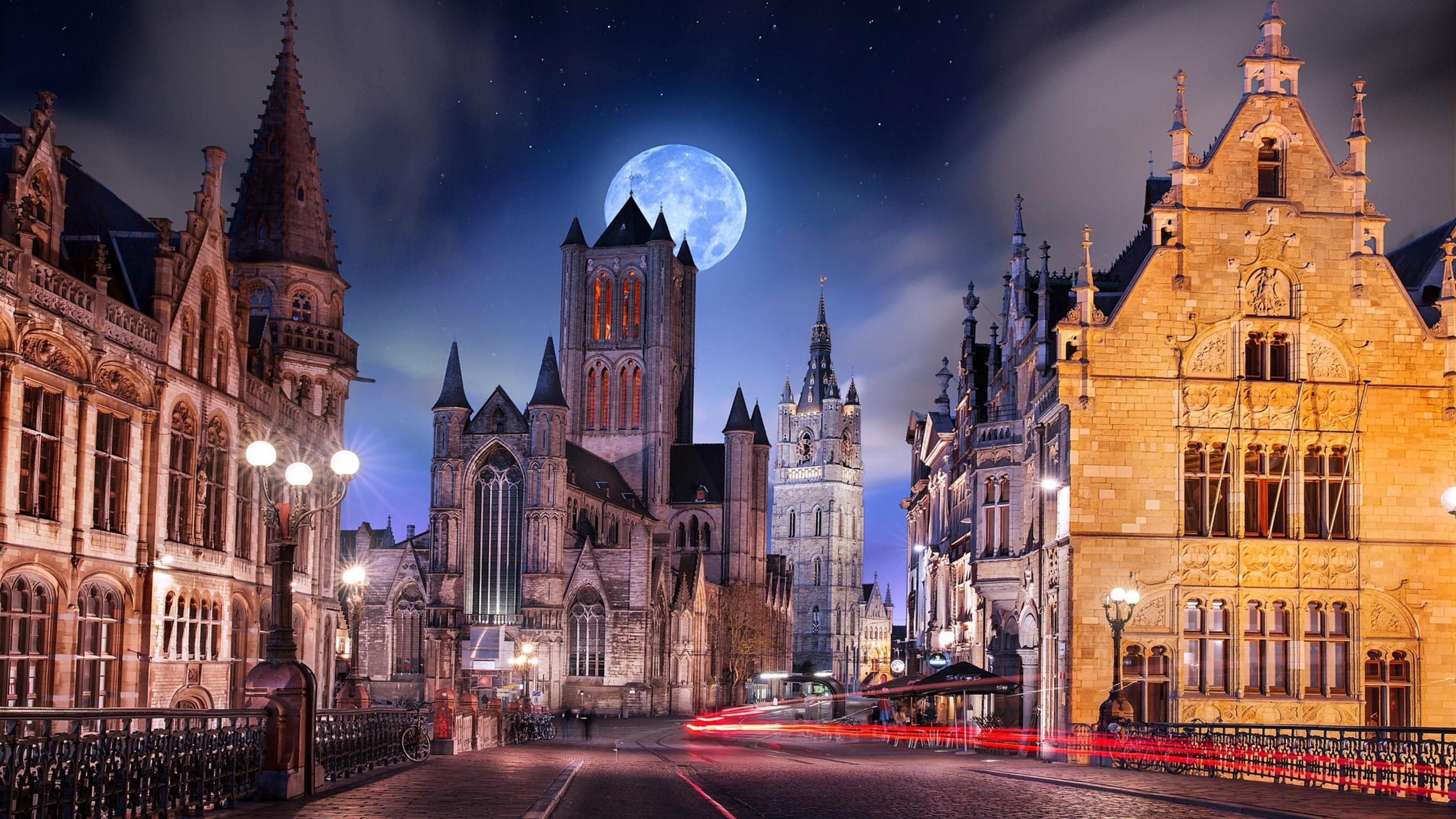medieval architecture, city, church, cityscape, building, city lights, urban area, full moon, lights, tourist attraction, architecture, sky, night, view, HD Wallpaper