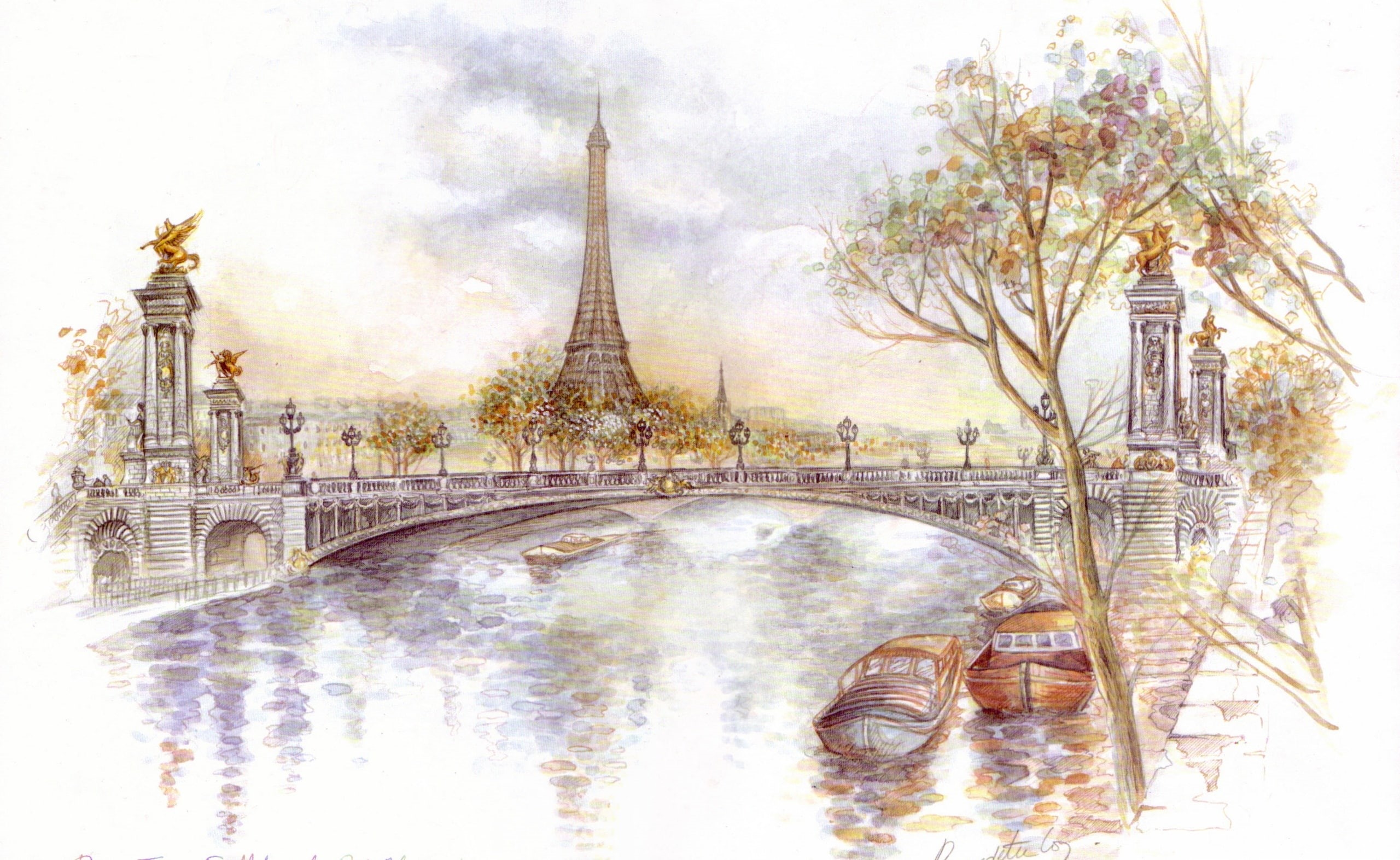 Artistic, building, nature, Drawings, no people, built structure, connection, day, religion, building exterior, water, sketch, bridge, Drawing, city, 2K, HD Wallpaper