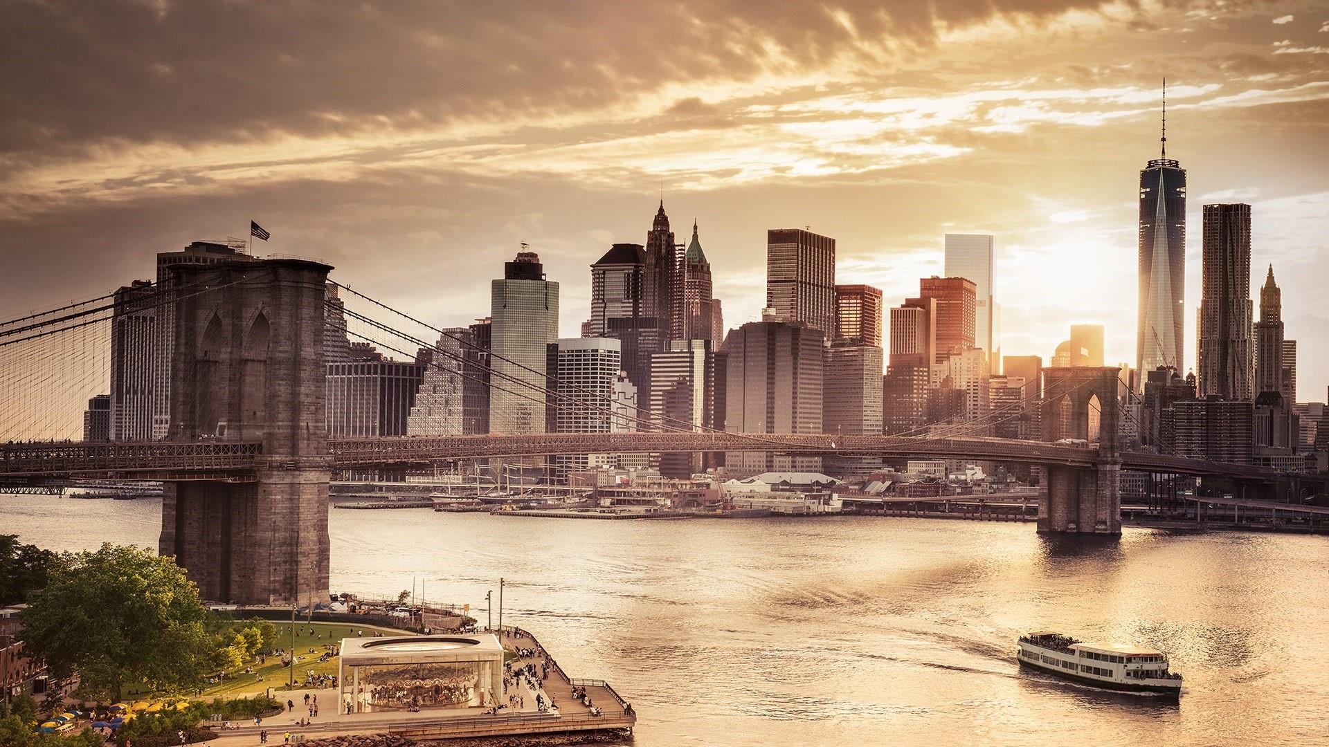 building exterior, no people, city, nature, 1080P, outdoors, cityscape, brooklyn bridge, modern, building, cloud - sky, transportation, built structure, HD Wallpaper