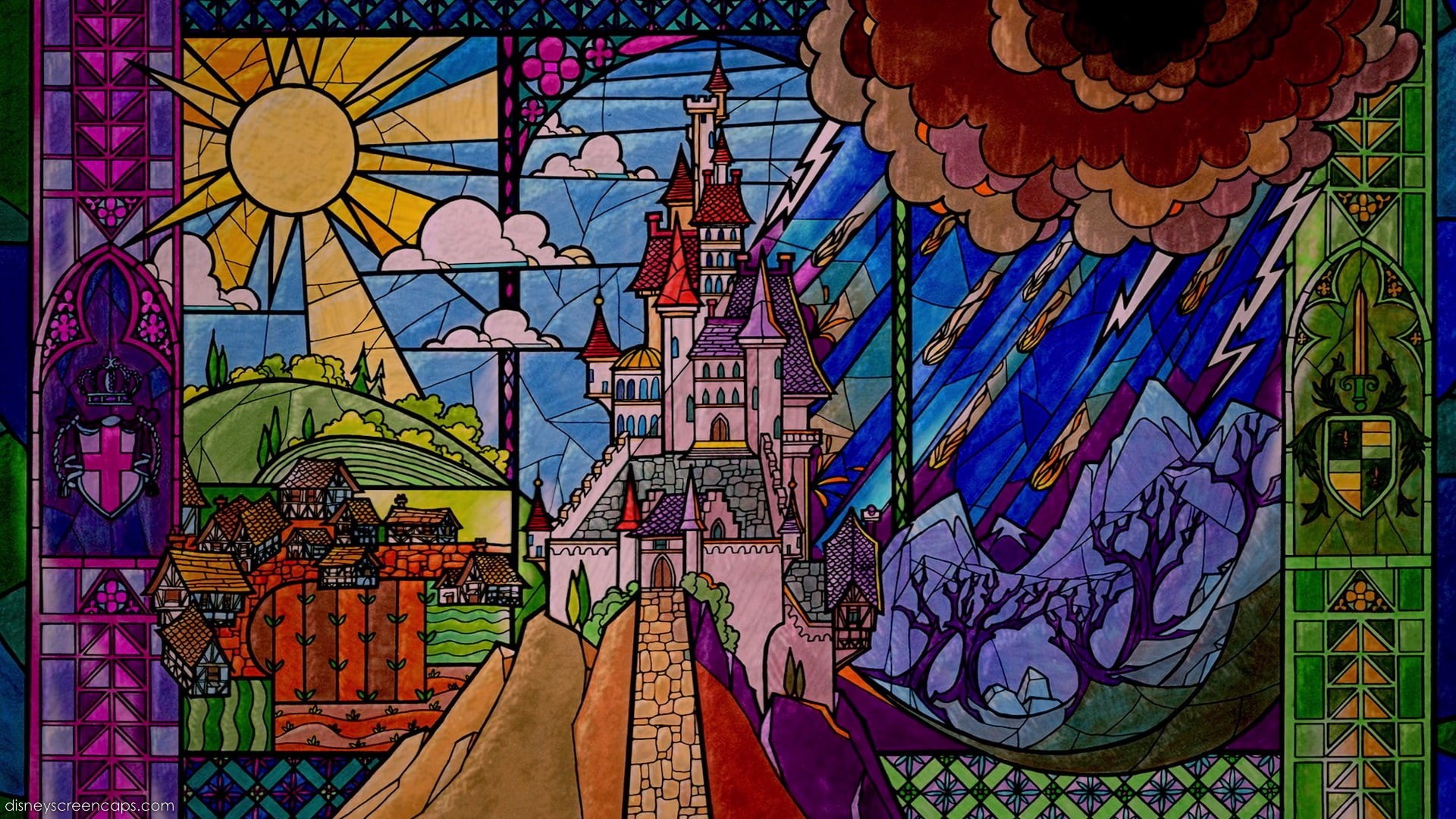 the, cartoon/comic, beast, disney, hd, beauty, glass, stained, 1080P, castle, and, HD Wallpaper