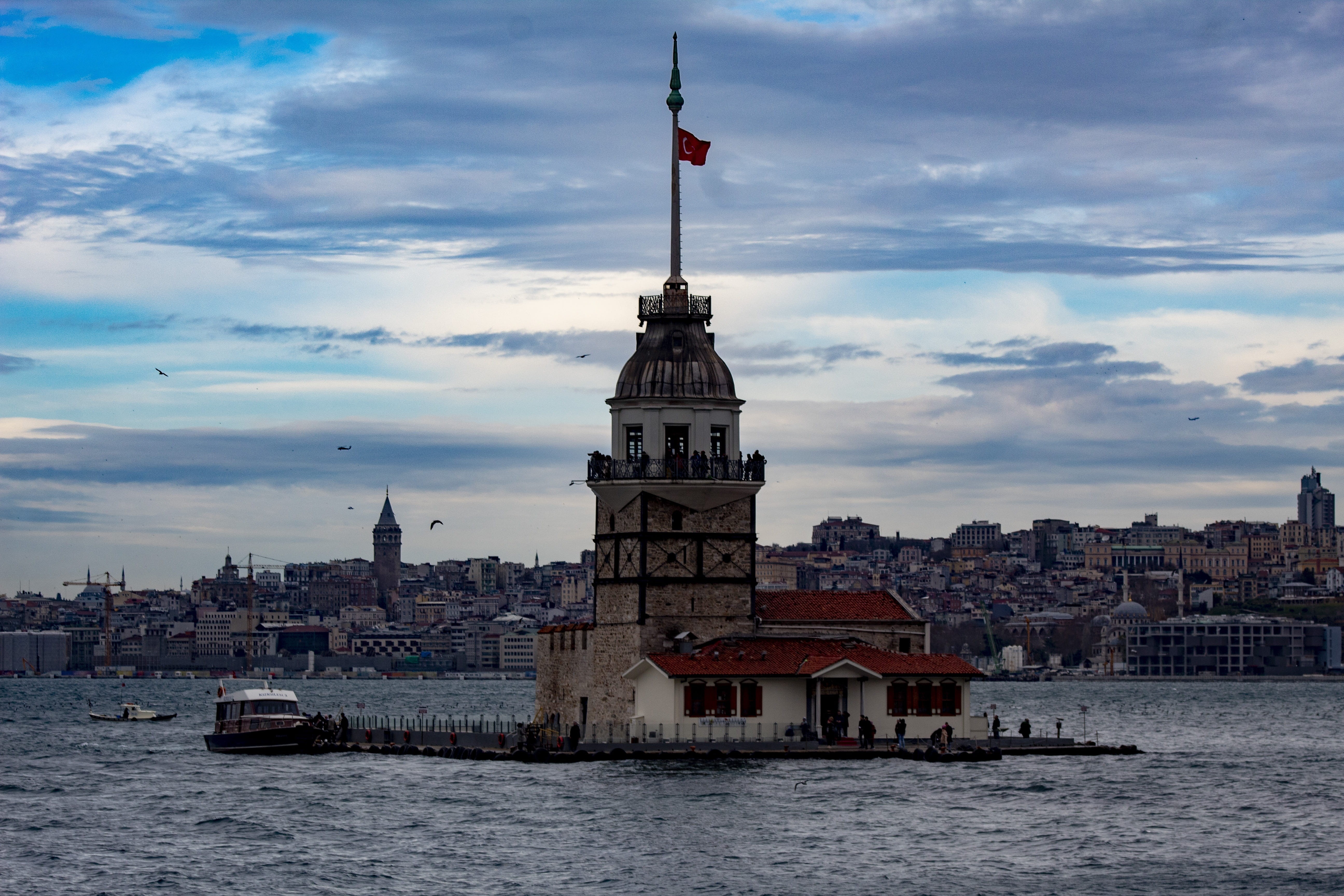 city, river, maidens tower kiz kulesi, wave, surfing, the past, tropical, sunset, history, outdoors, travel, rock, turkey, landscape, building, 5K, beach, HD Wallpaper