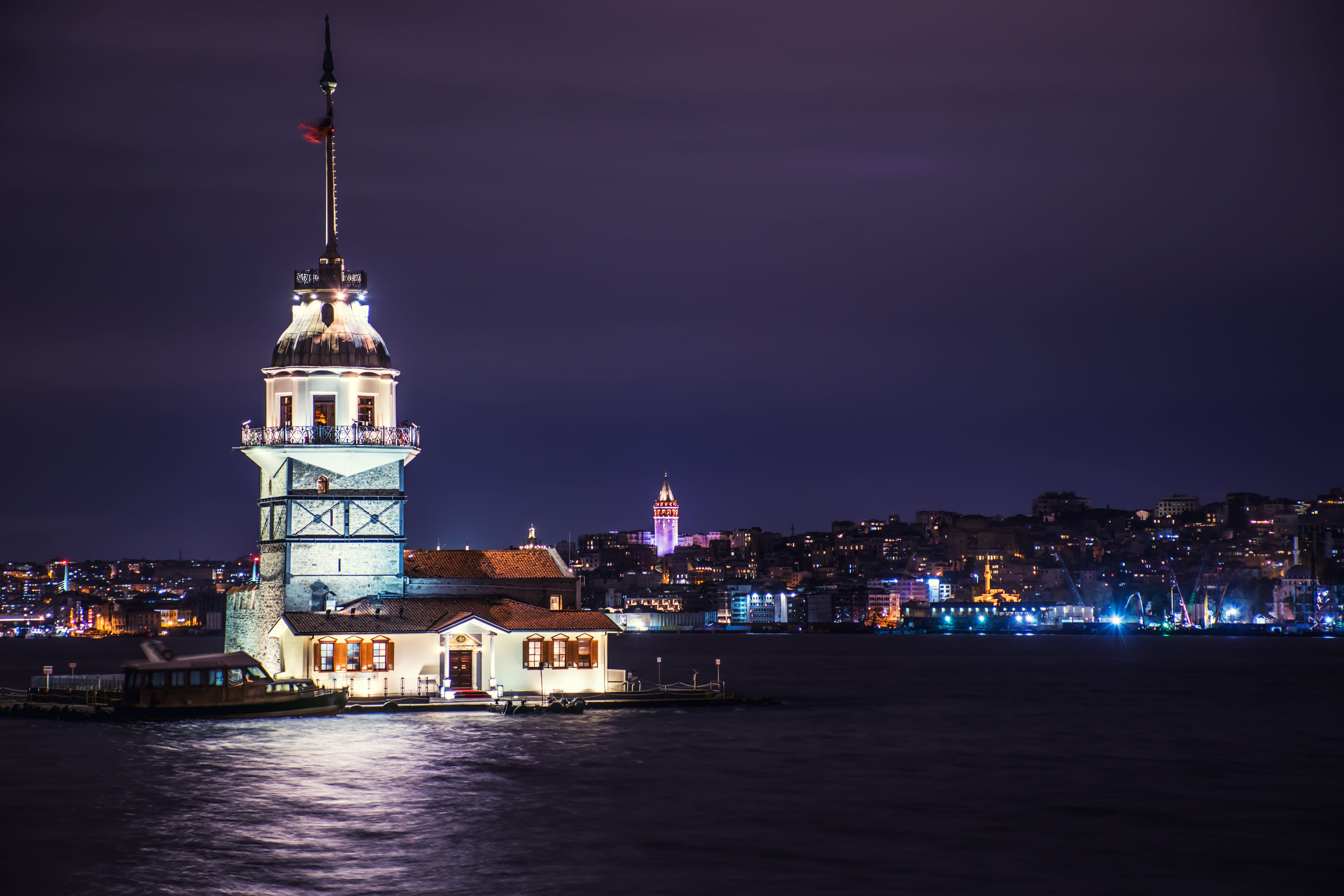 tall - high, city, travel, city night, bosphorus, galata tower, maidens tower, tourism, sky, building, tower, light, turkey, nikon, night, belief, illuminated, HD Wallpaper