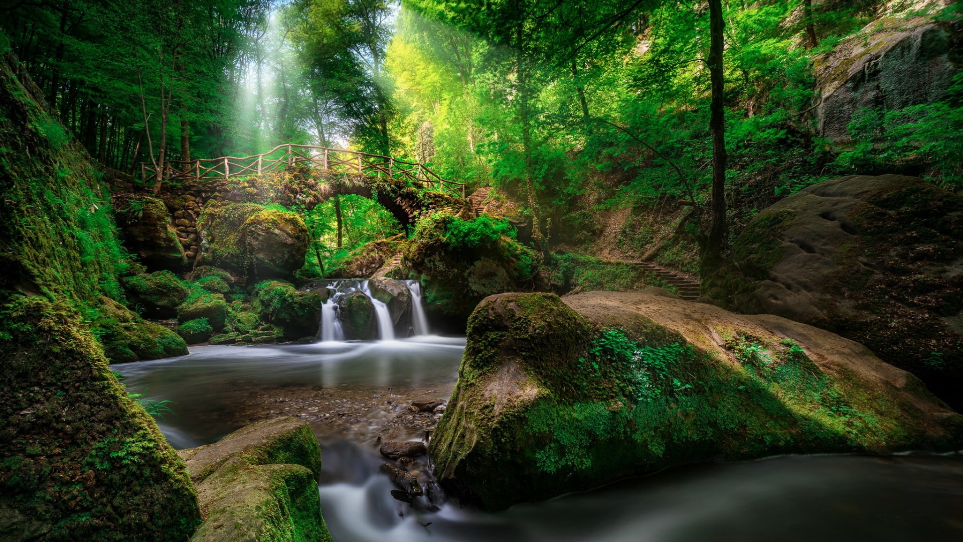 nature reserve, waterfall, black ernz river, vegetation, green, 1080P, cascade, luxemburg, europe, schiessentümpel, creek, stream, forest, body of water, HD Wallpaper