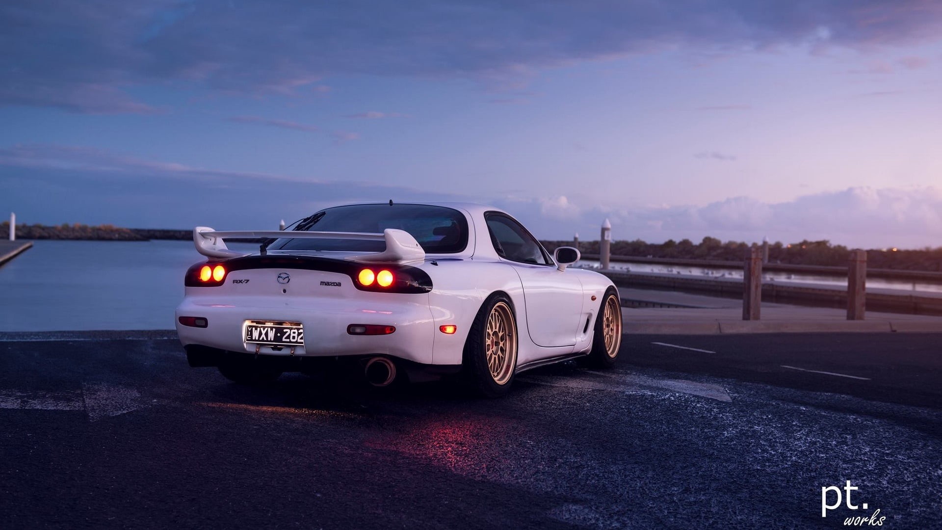 white cars, 1080P, sky, car, water, Japanese cars, Mazda RX-7, Mazda, boat, vehicle, clouds, JDM, Mazda RX-7 FD, HD Wallpaper