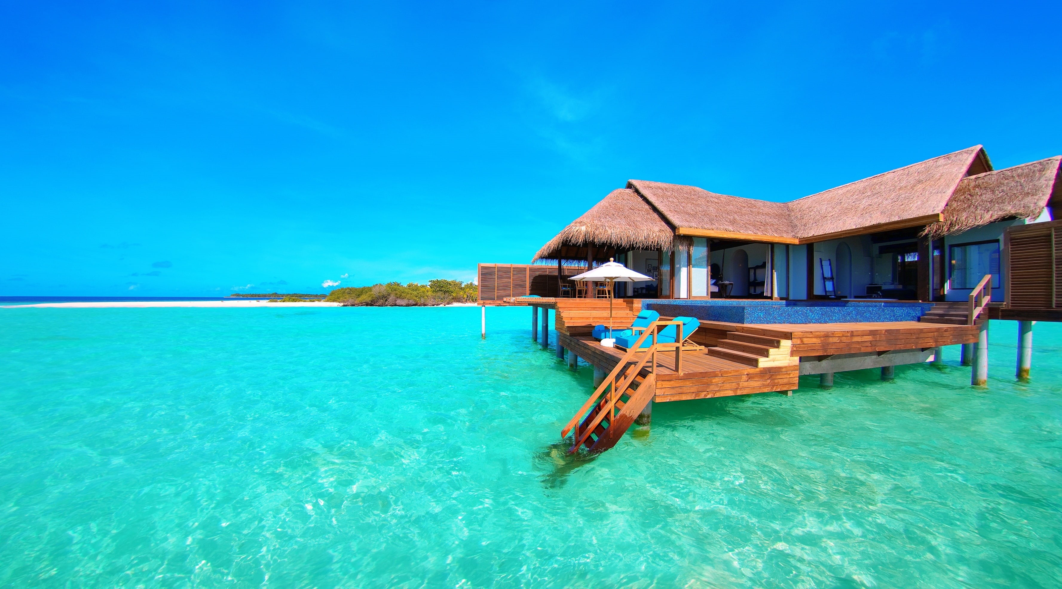 Summer, blue, day, building exterior, Overwater Bungalows, hd, Paradise, island, 2K, Islands, no people, floating, Exotic, brown, tranquil scene, HD Wallpaper