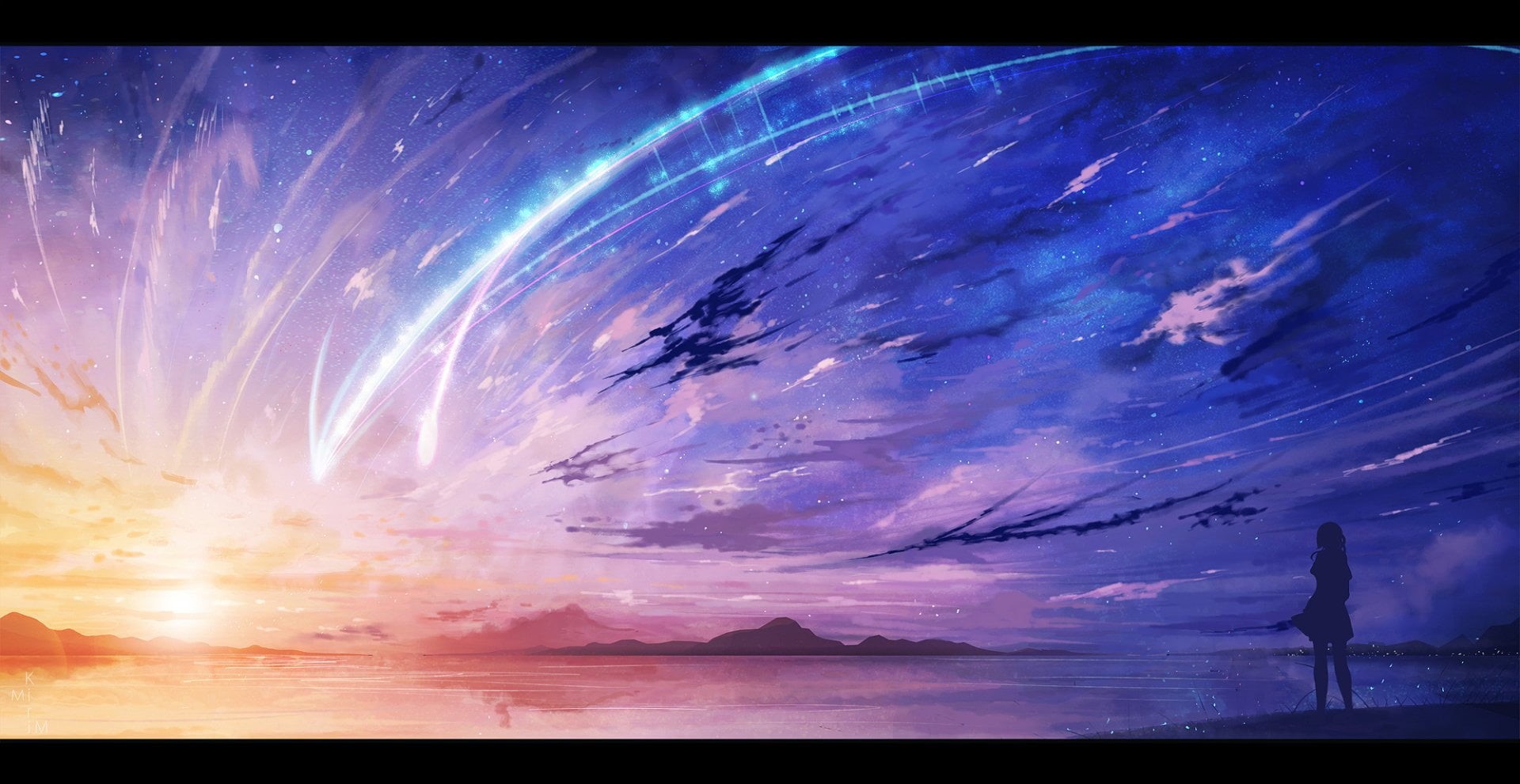 astronomy, cloud - sky, tranquil scene, blue, outdoors, nature, Kimi No Na Wa., silhouette, auto post production filter, sky, orange, digital composite, HD Wallpaper