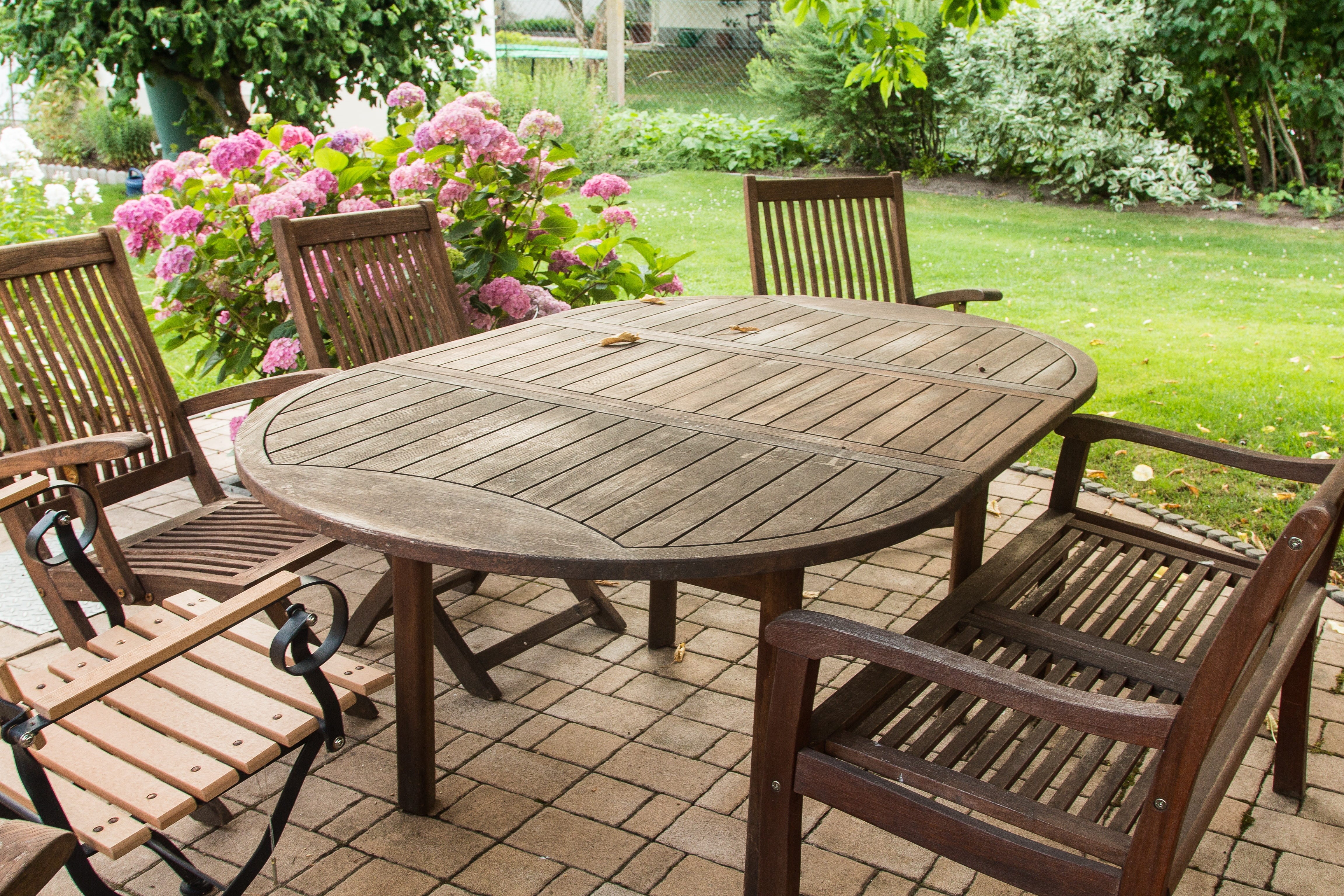 chair, grass, table, garden, flowerbed, flowers, patio, furniture, wooden table, lawn, no people, wood - material, seat, outdoor chair, flowering plant, HD Wallpaper