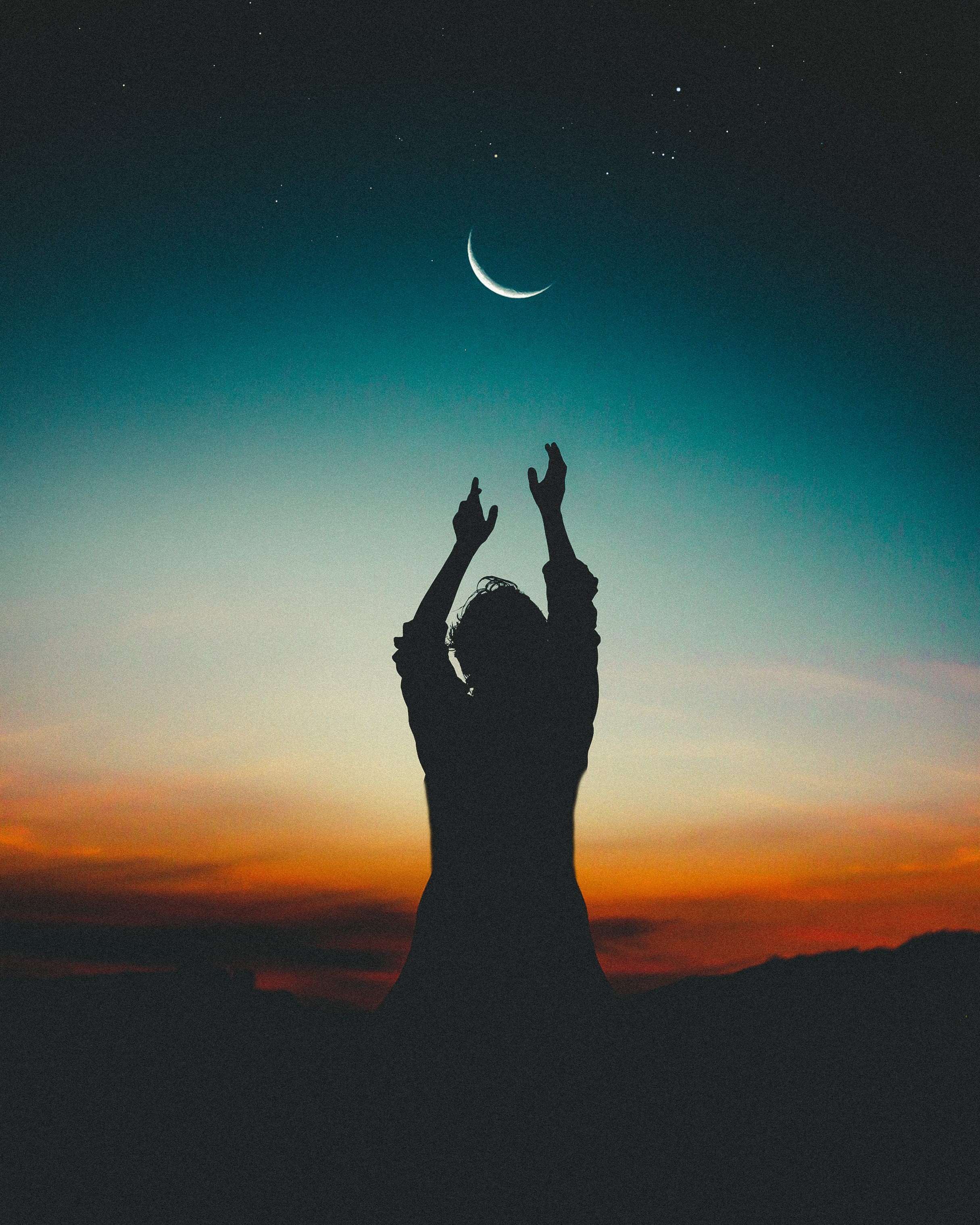 person, arms raised, backlit, 2K, hands, moon, dawn, posture, one person, tranquility, scenics - nature, sunset, scenery, real people, orange color, dusk, Phone HD Wallpaper