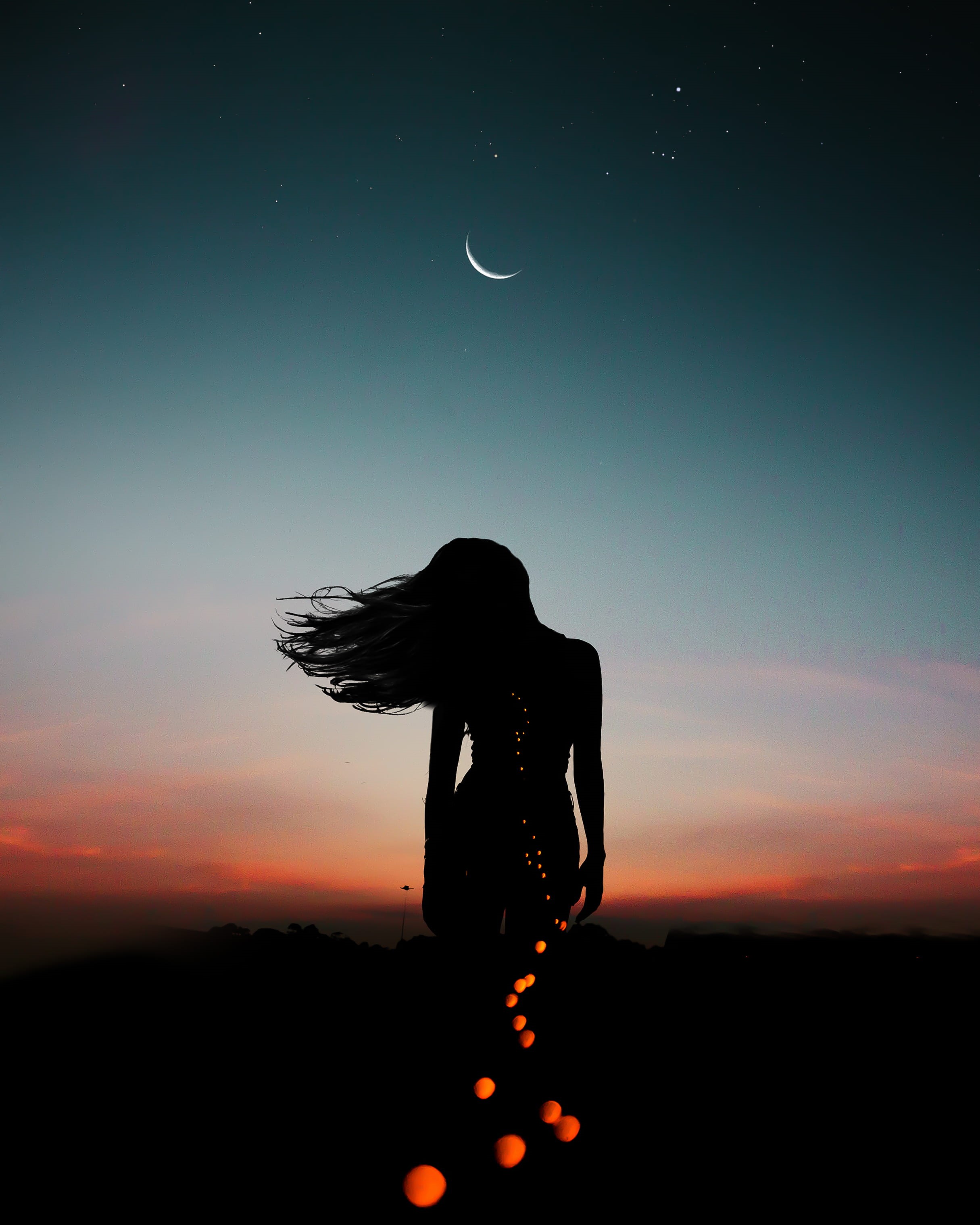 dawn, posture, backlit, scenics - nature, afterglow, real people, astronomy, moon, pose, outdoors, bokeh, person, light, girl, cloud - sky, orange color, Phone HD Wallpaper