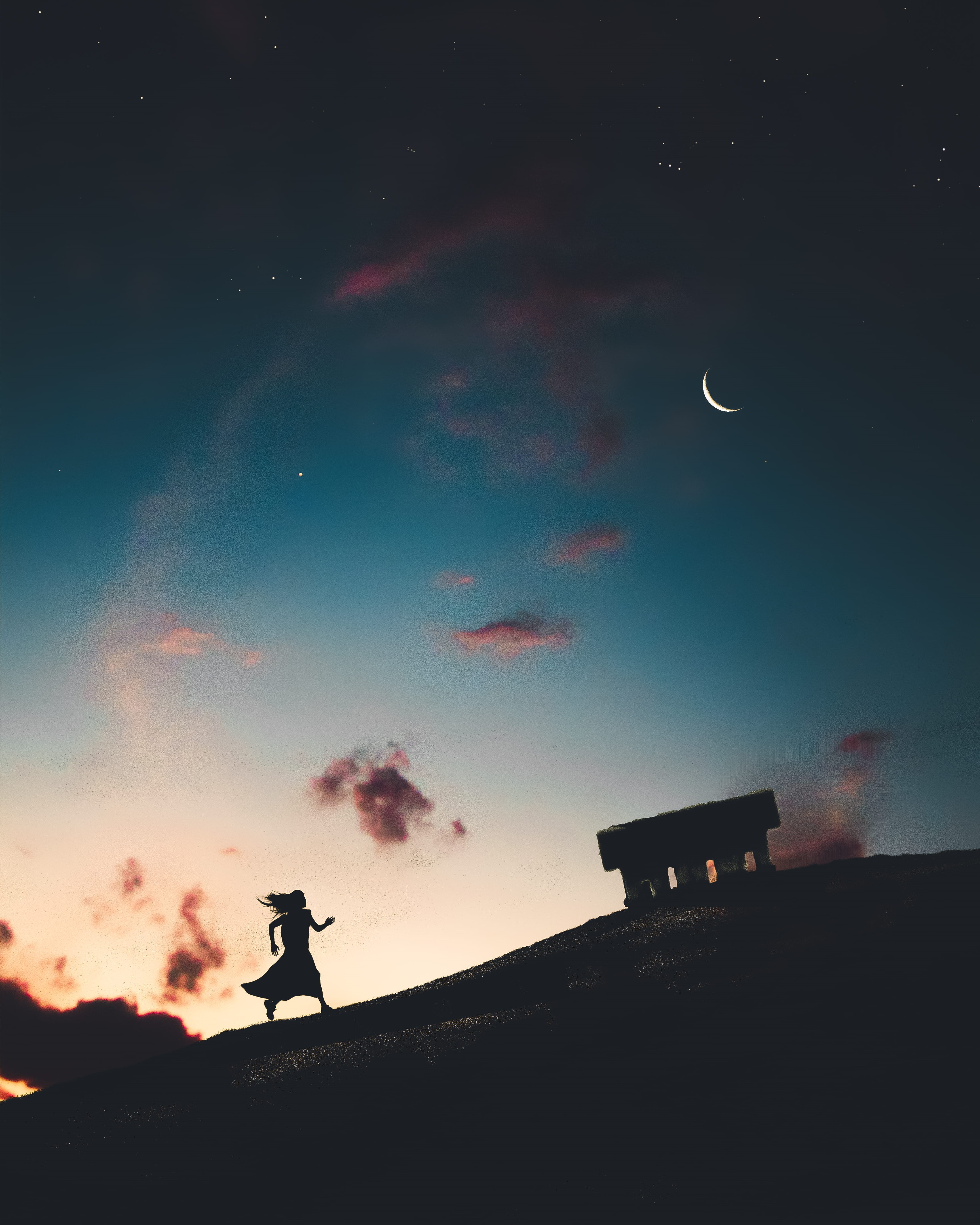 dusk, cloud - sky, clouds, moon, animal wildlife, backlit, low angle view, silhouette, person, blue, beauty in nature, stars, uphill, nightsky, running, Phone HD Wallpaper