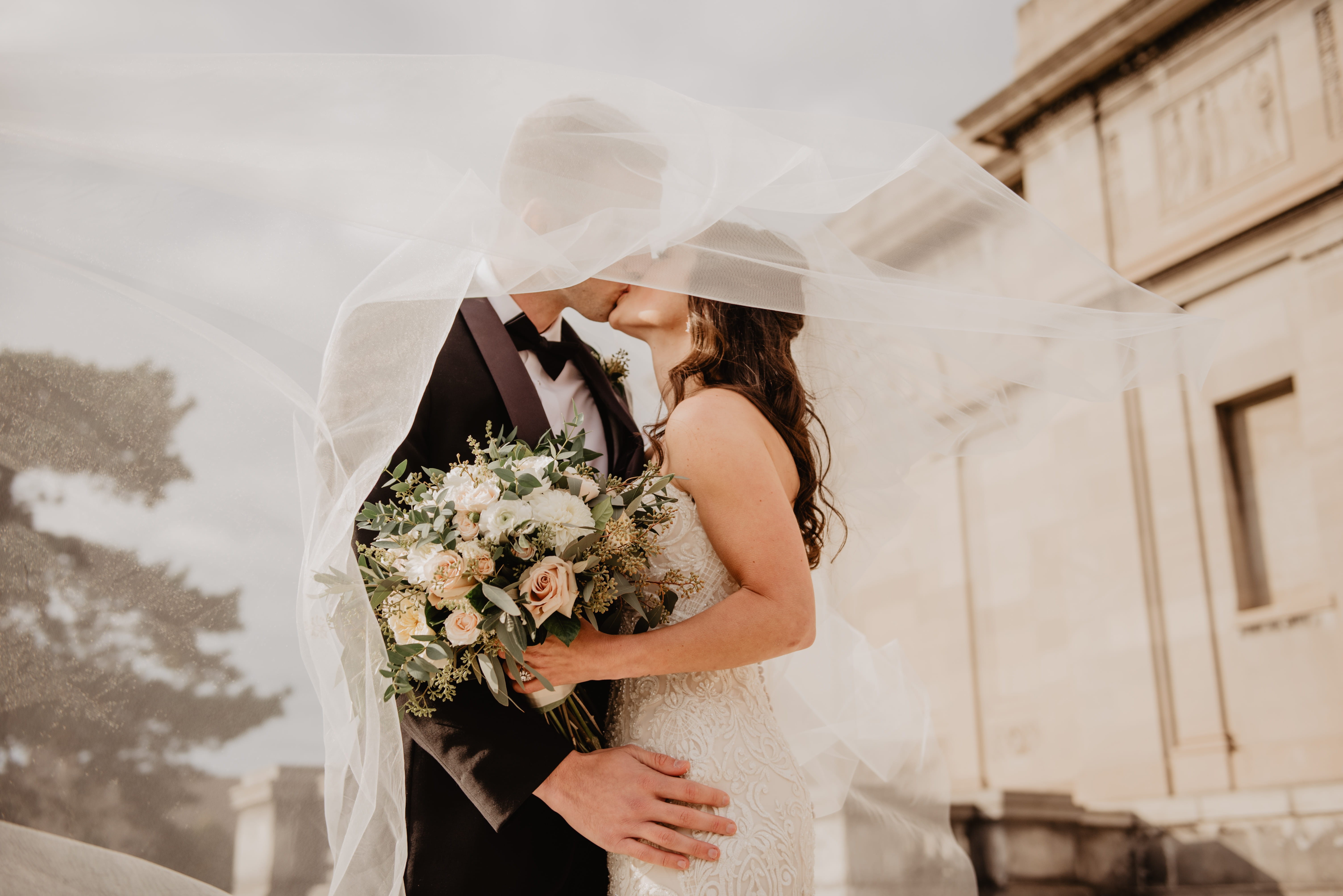 love, flowering plant, event, togetherness, outdoors, day, nature, wedding dress, adult, young women, kissing, young adult, wedding, Bride and Groom, real people, HD Wallpaper