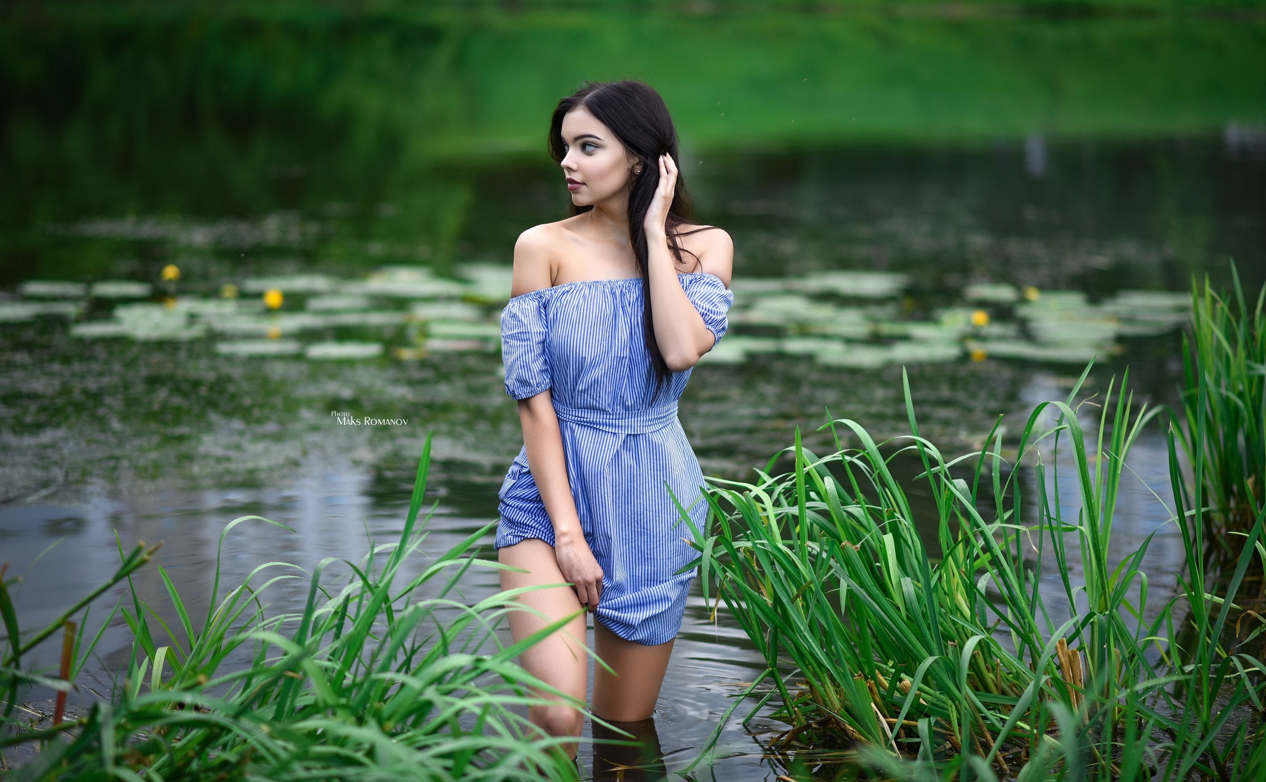 dress, portrait, three quarter length, day, Maksim Romanov, selective focus, plant, casual clothing, women outdoors, nature, lake, 2K, lifestyles, outdoors, HD Wallpaper