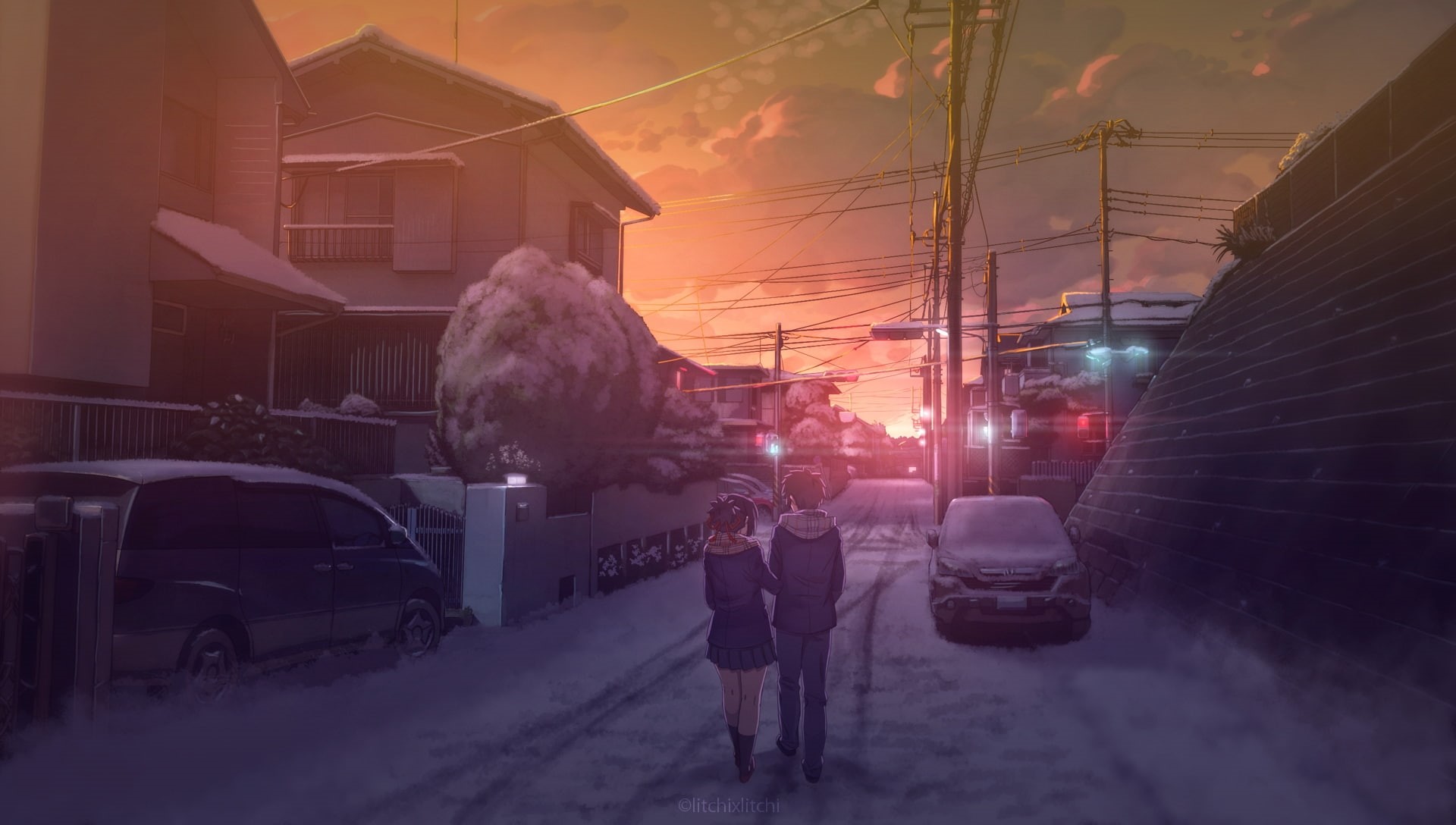 scenic, mode of transportation, transportation, school uniform, snow, road, anime landscape, city, 1080P, motor vehicle, building, land vehicle, building exterior, HD Wallpaper